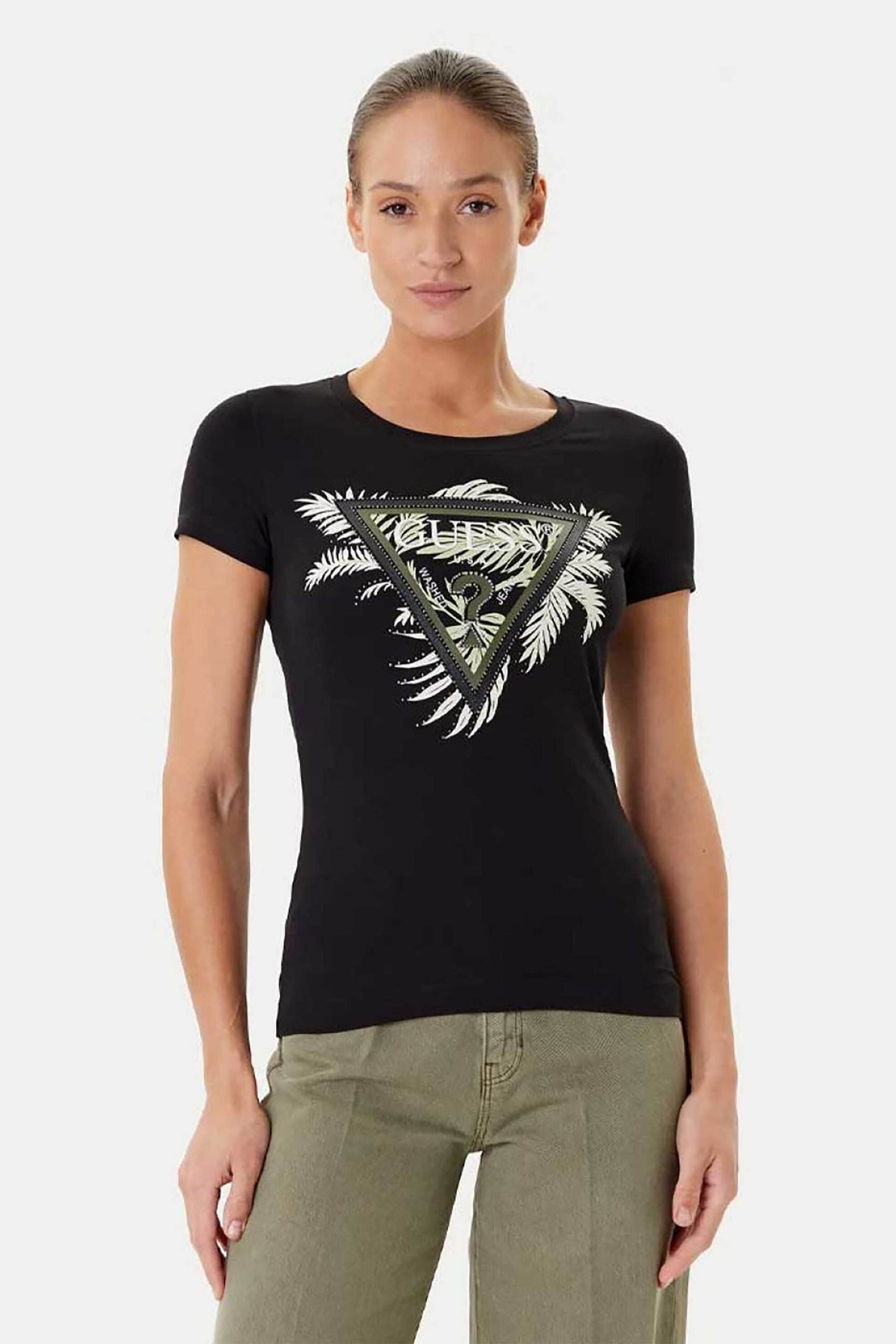 Guess γυναικείο T-shirt με ανάγλυφο λογότυπο και floral print Relaxed Fit - W5YI13J1314 Μαύρο