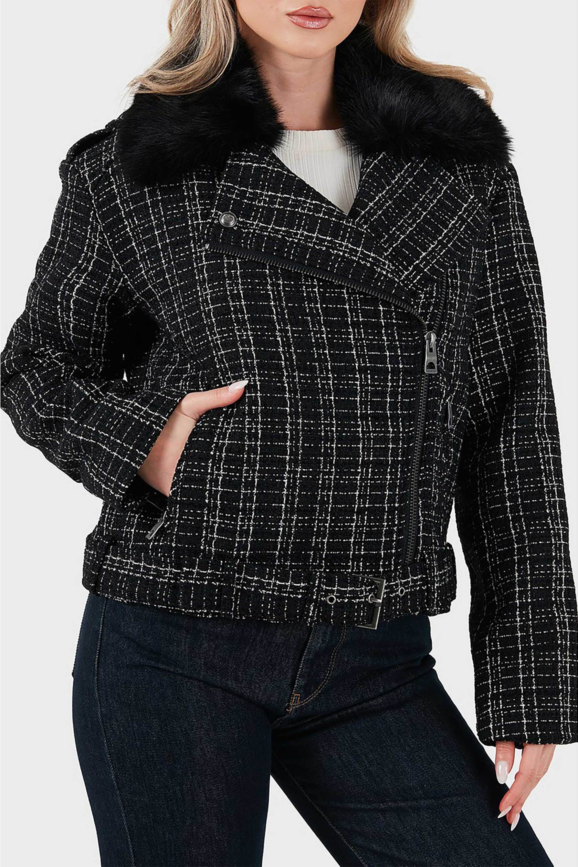 Guess γυναικείο jacket tweed με faux γούνινο γιακά "Sandra" - W5BL16W2382 Μαύρο
