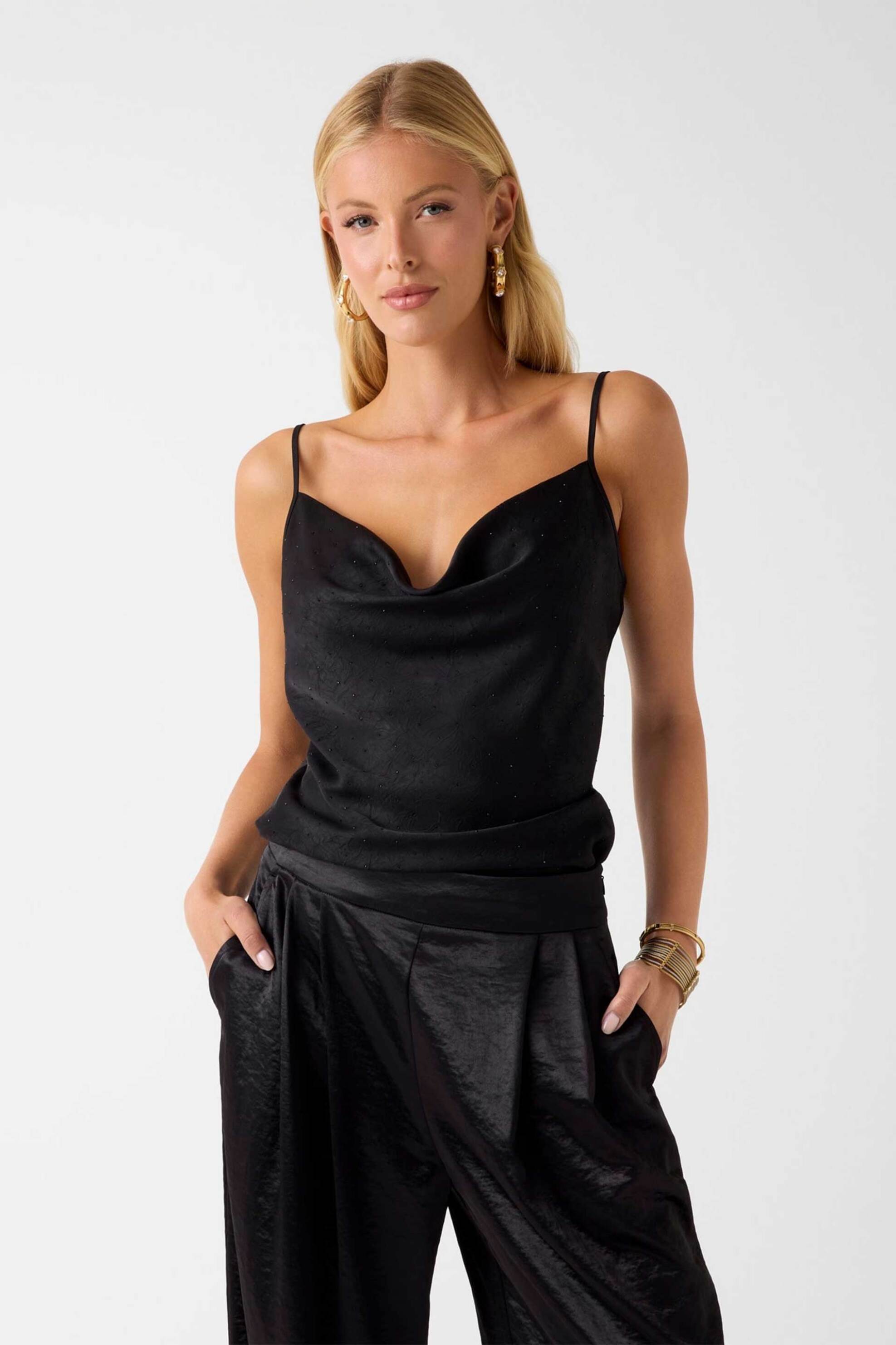 Guess γυναικείο αμάνικο τοπ με σατέν υφή και στρας Slim Fit - W6RH55WJ732 Μαύρο