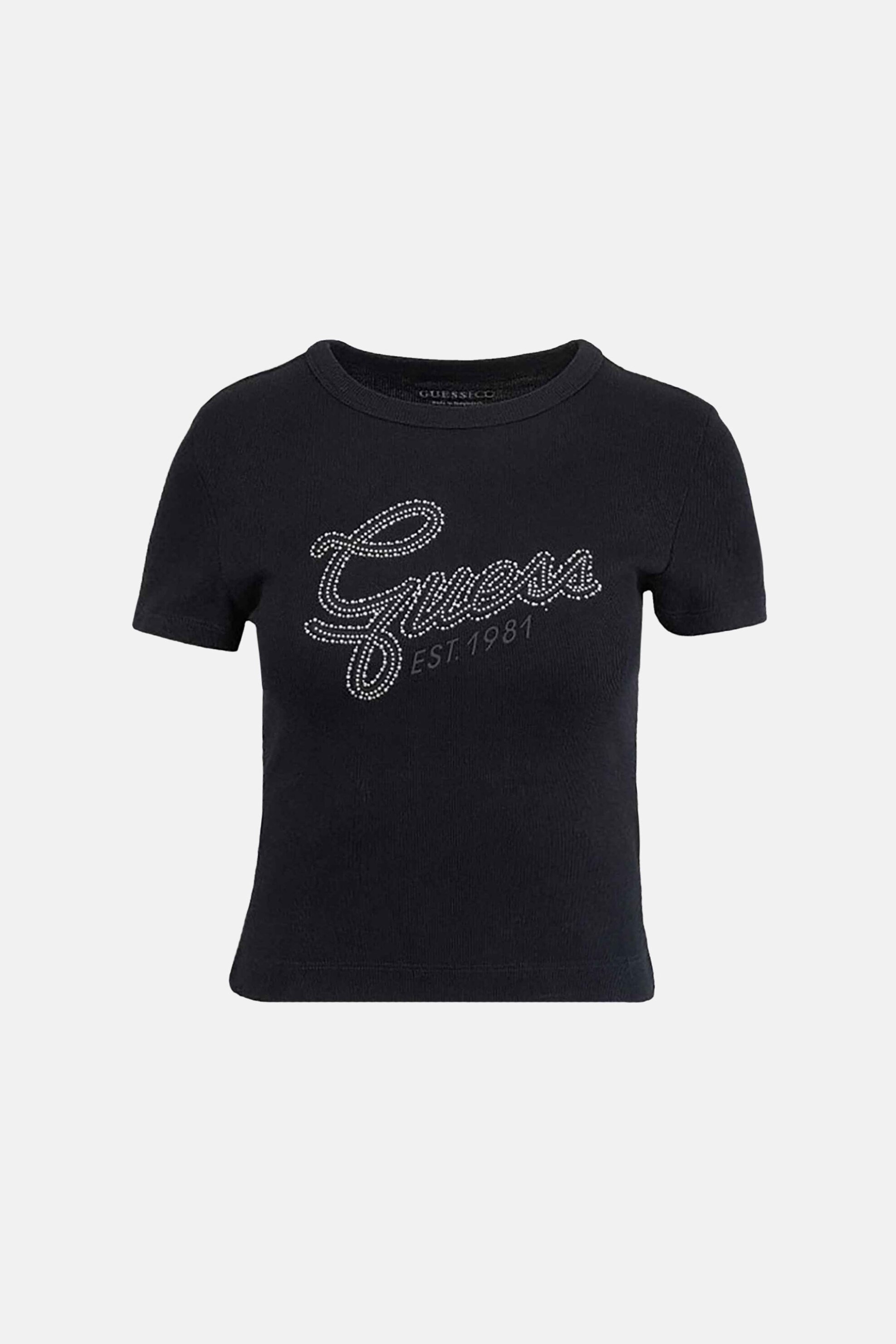 Guess γυναικείο T-shirt με ανάγλυφο logo print και στρας Slim Fit - W6RI22KA0H1 Μαύρο