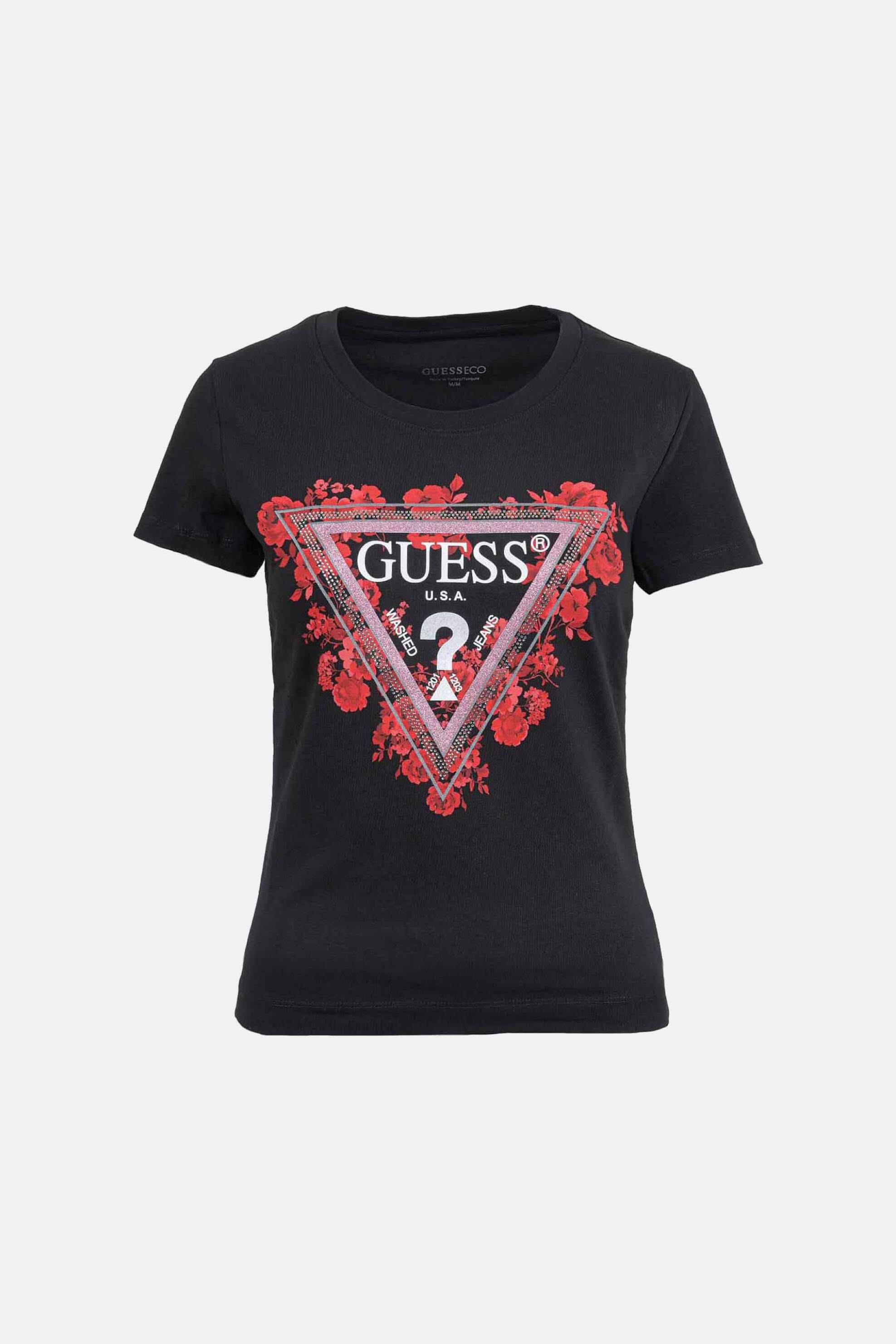 Guess γυναικείο T-shirt με ανάγλυφο λογότυπο και floral print Slim Fit - W6RI23J1314 Μαύρο