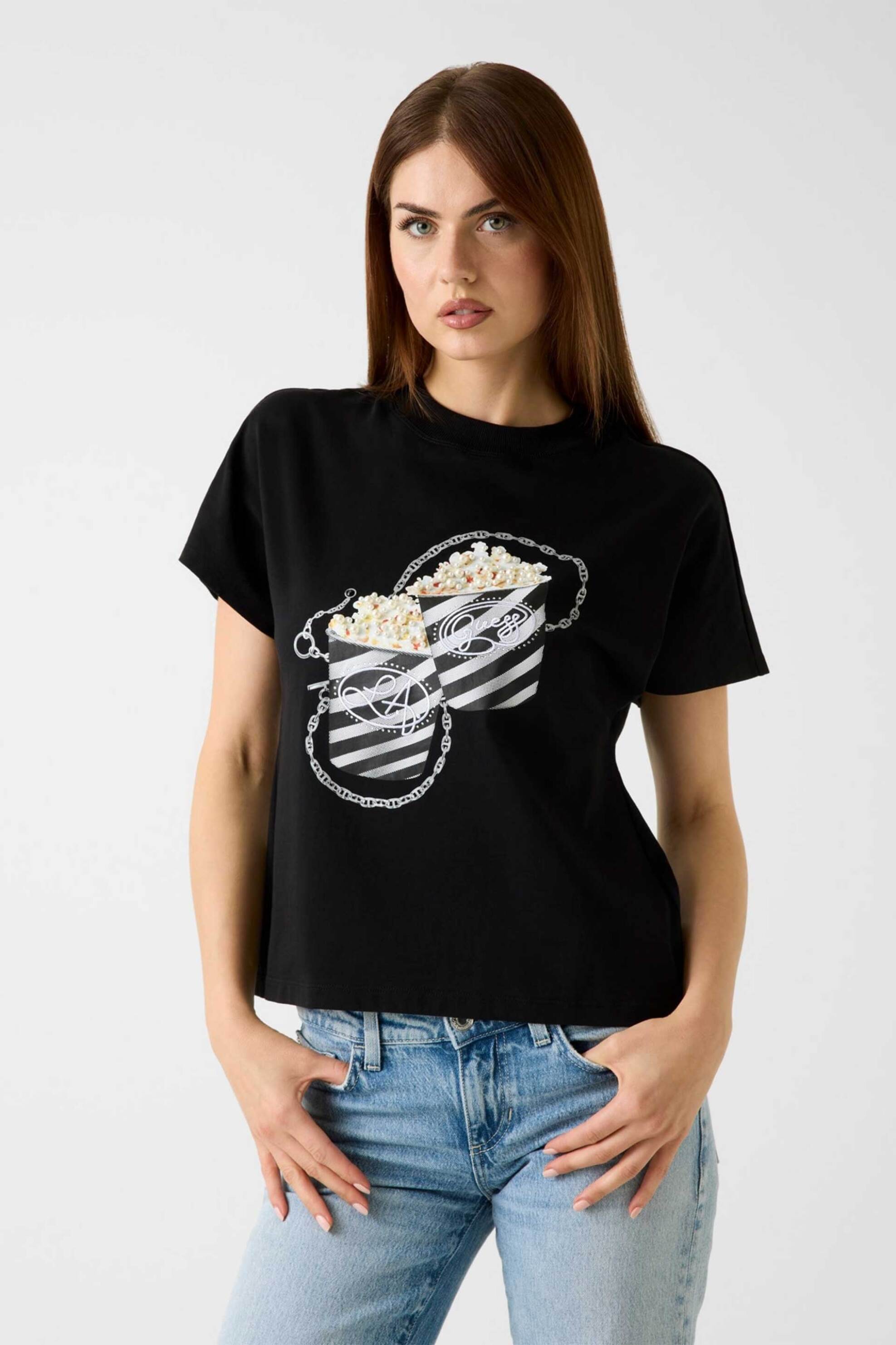 Guess γυναικείο T-shirt με ανάγλυφο print και στρας Regular Fit - W6RI28I3Z14 Μαύρο