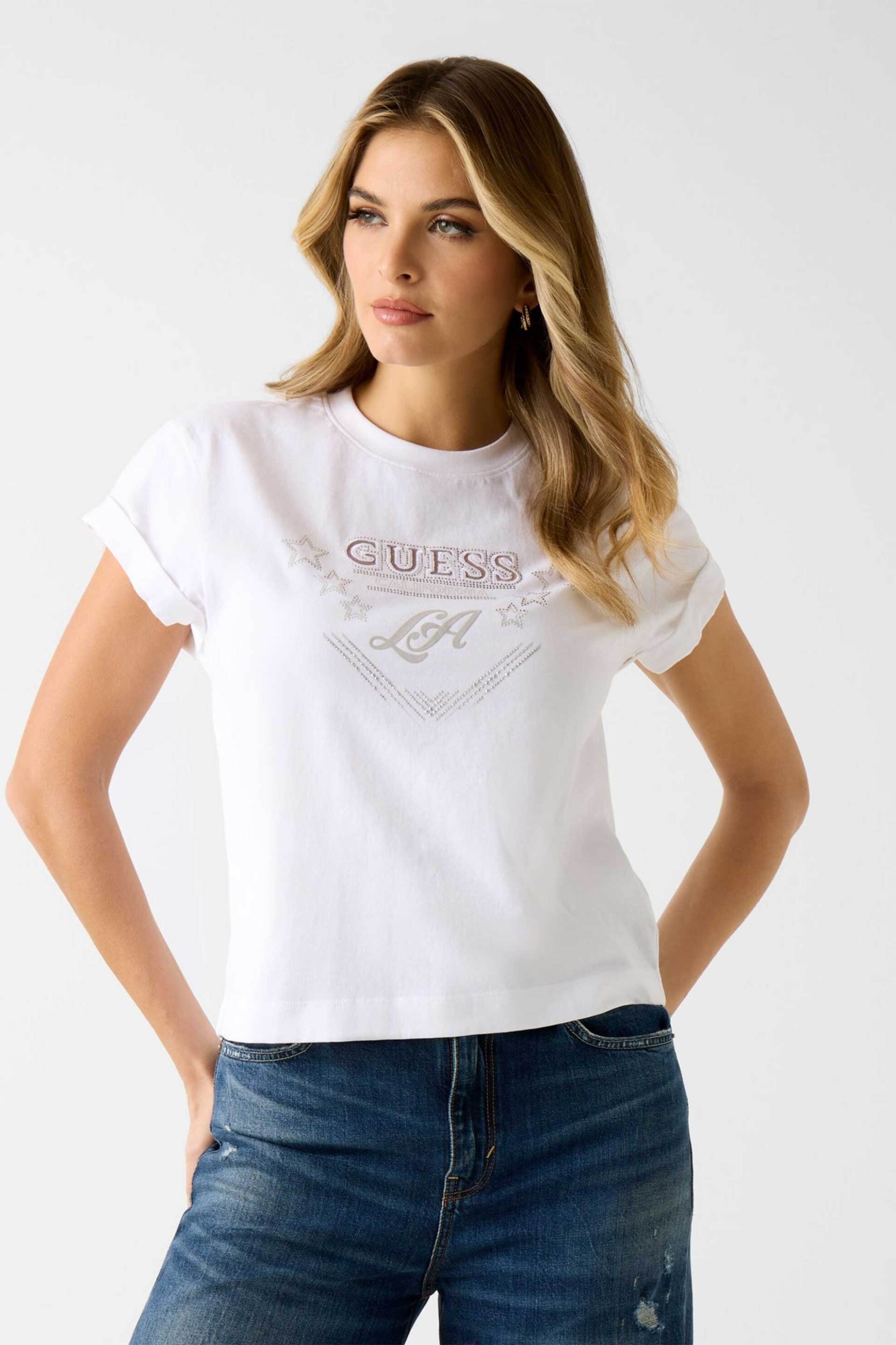 Guess γυναικείο T-shirt με λογότυπο απο στρας - W6RI30I3Z14 Λευκό