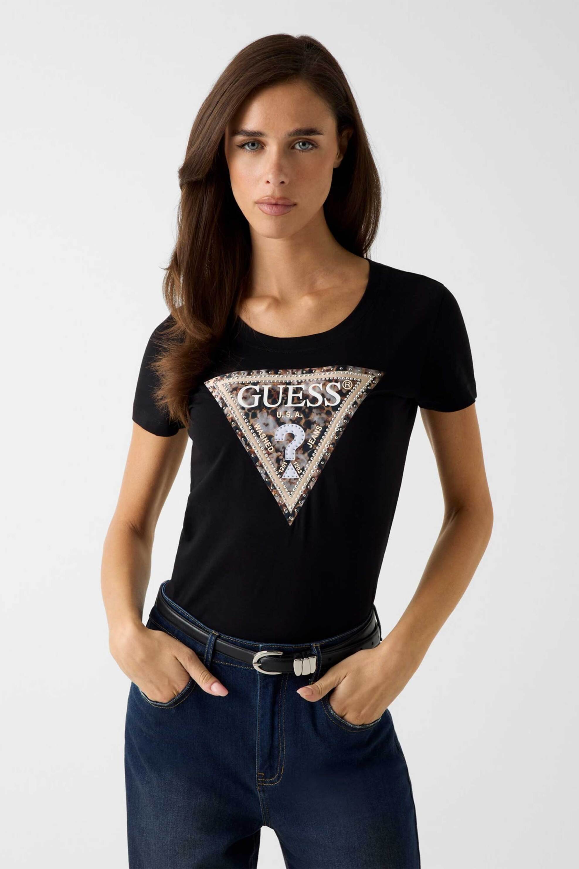 Guess γυναικείο T-shirt με ανάγλυφο λογότυπο με στρας Slim Fit - W6RI32J1314 Μαύρο