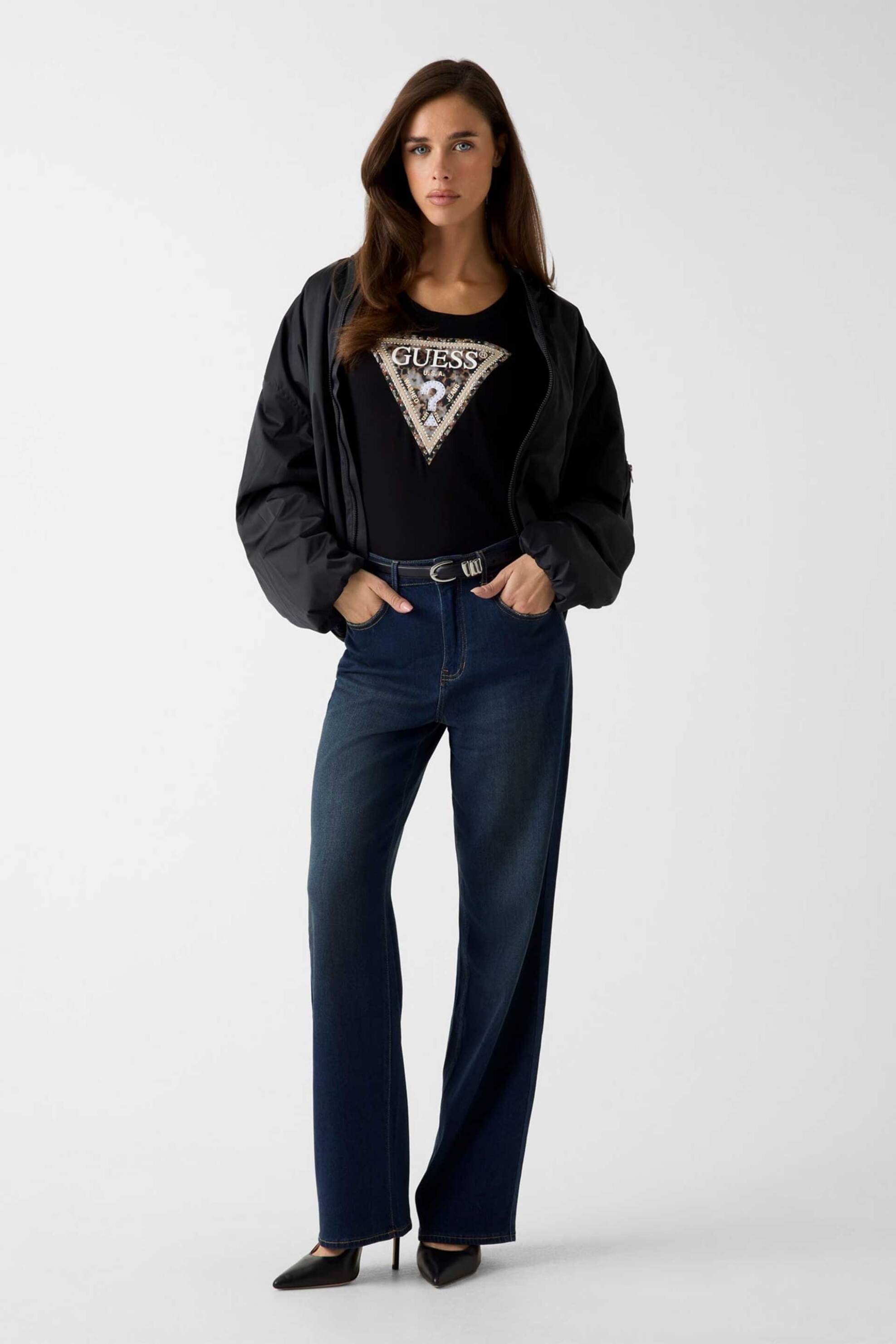 Guess γυναικείο T-shirt με ανάγλυφο λογότυπο με στρας Slim Fit - W6RI32J1314 Μαύρο φωτογραφία