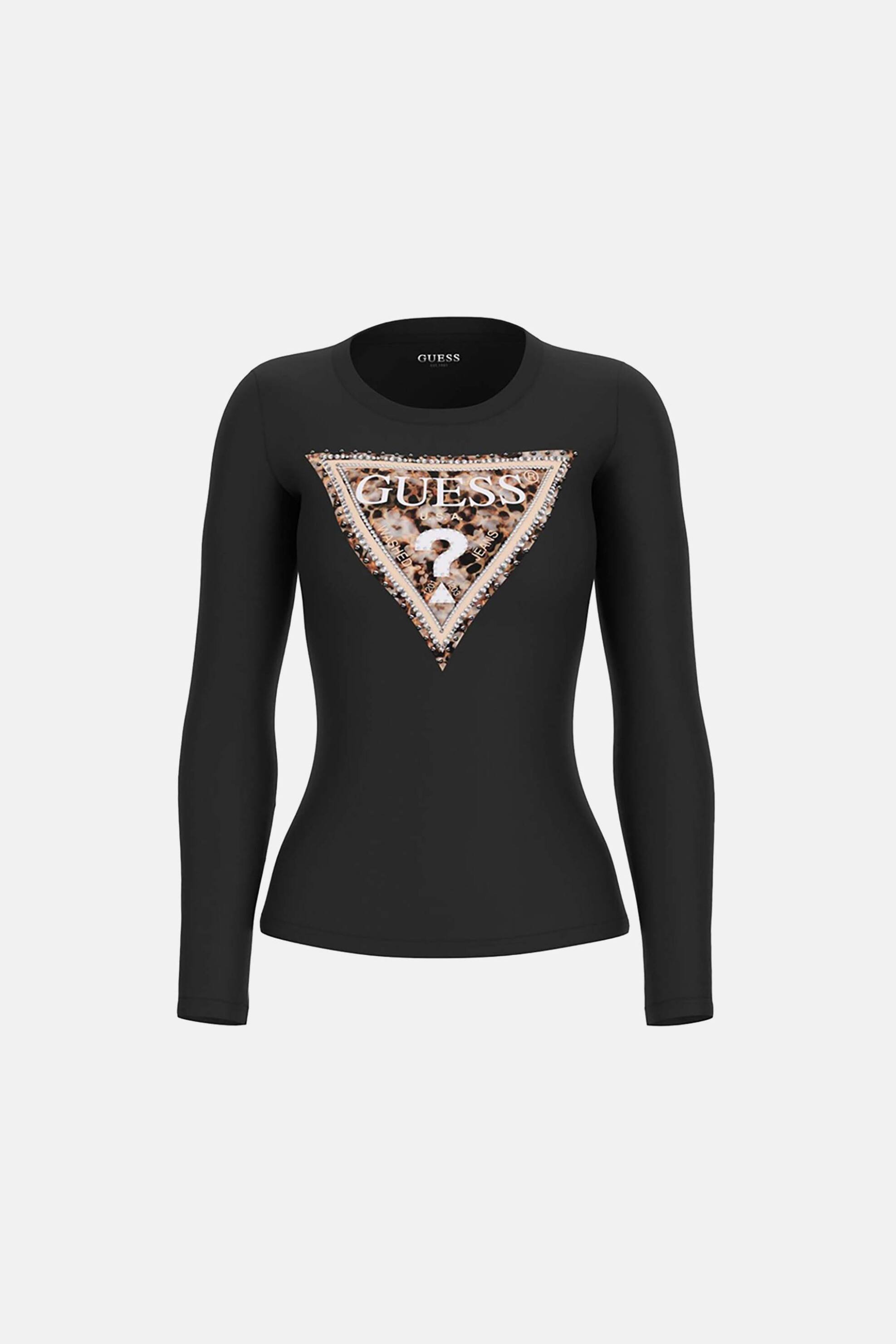 Guess γυναικεία μπλούζα με ανάγλυφο λογότυπο με στρας Slim Fit - W6RI33J1314 Μαύρο