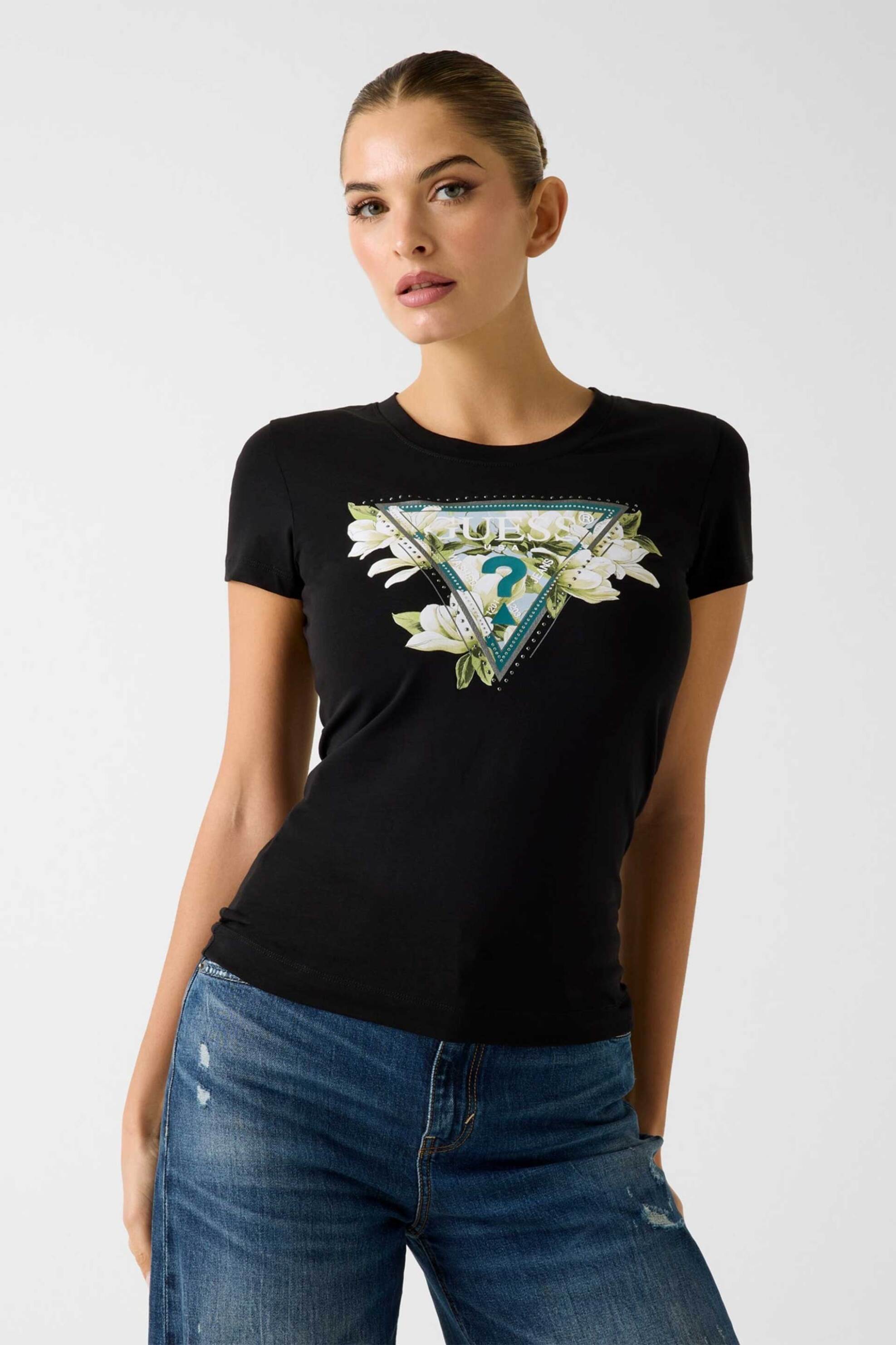 Guess γυναικείο T-shirt με ανάγλυφο λογότυπο με στρας Slim Fit - W6RI35J1314 Μαύρο