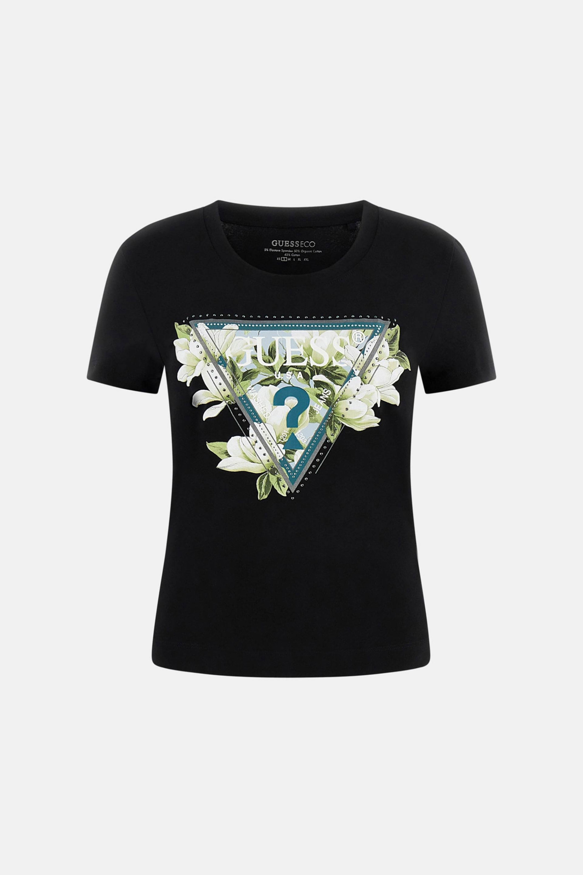 Guess γυναικείο T-shirt με ανάγλυφο λογότυπο με στρας Slim Fit - W6RI35J1314 Μαύρο φωτογραφία