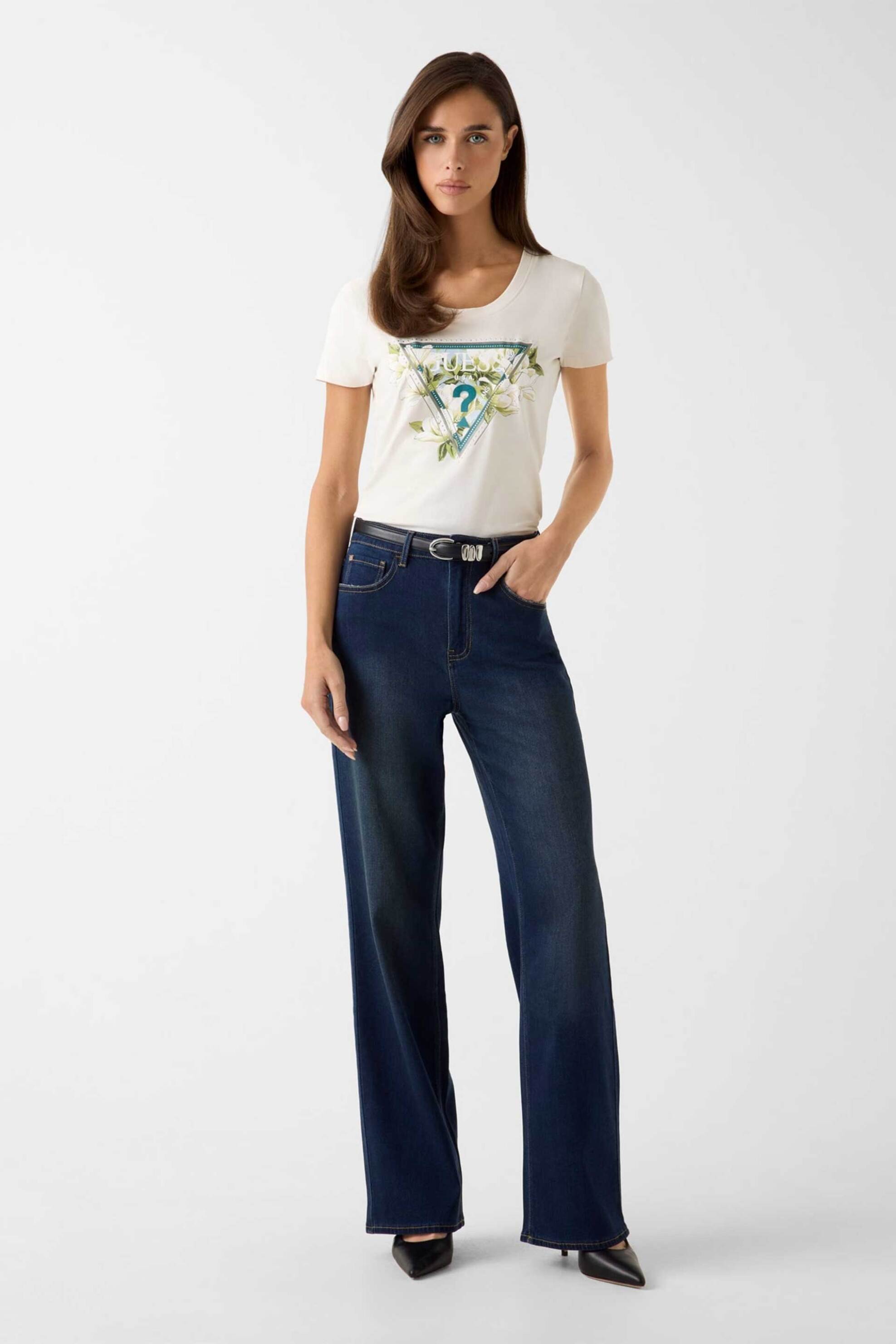 Guess γυναικείο T-shirt με ανάγλυφο λογότυπο με στρας Slim Fit - W6RI35J1314 Κρέμ