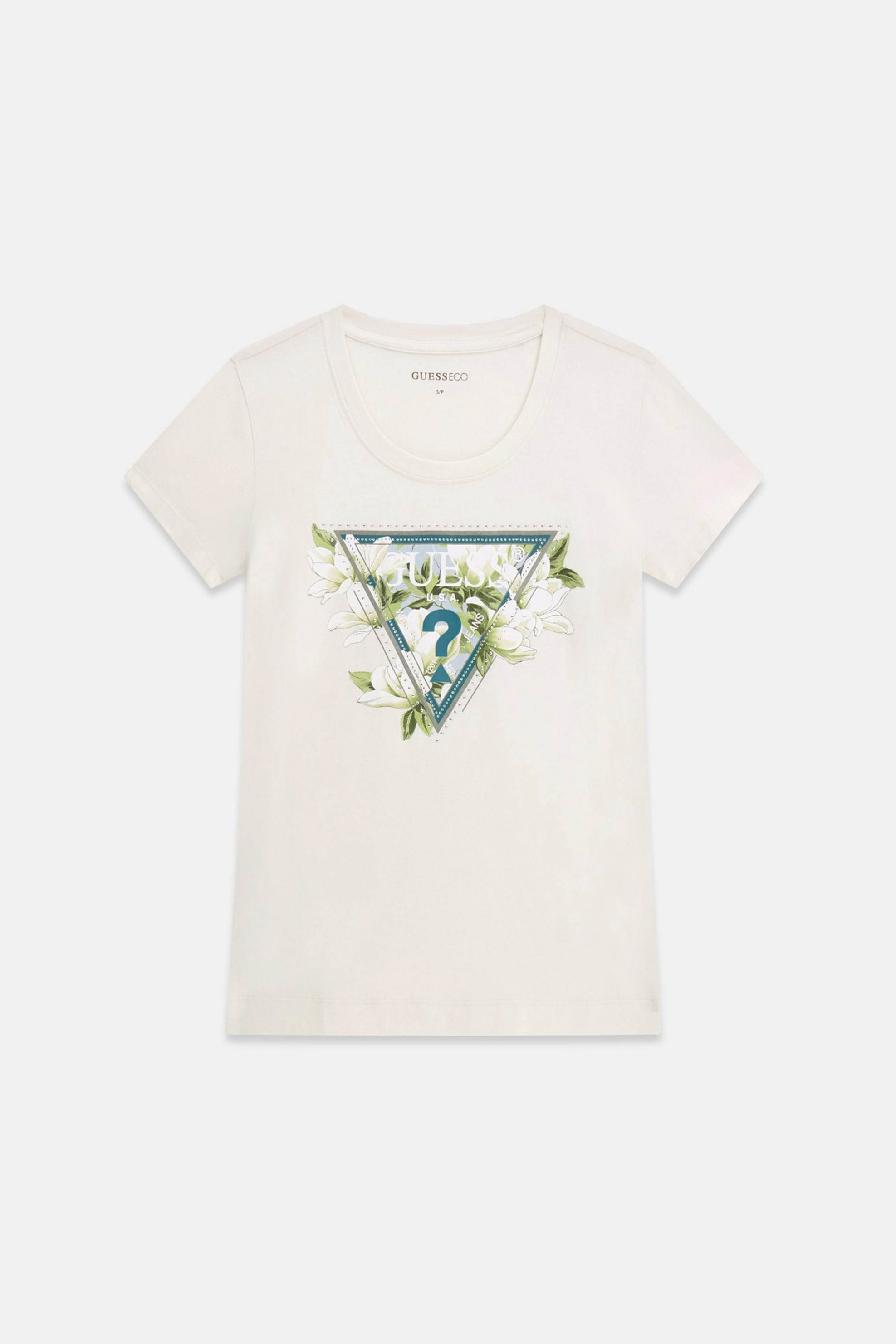 GUESS Guess γυναικείο T-shirt με ανάγλυφο λογότυπο με στρας Slim Fit - W6RI35J1314 Κρέμ - 4