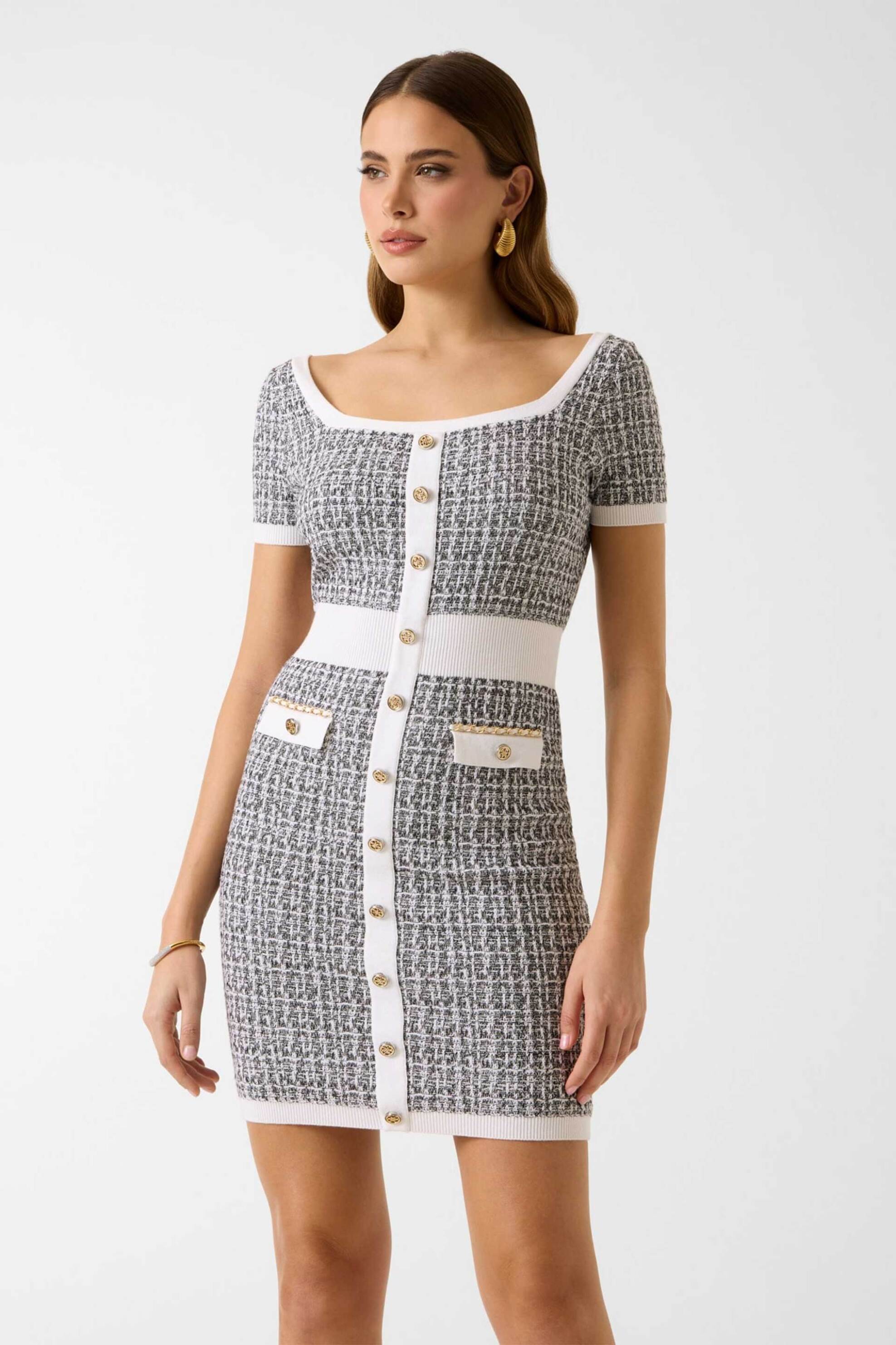 Guess γυναικείο mini tweed φόρεμα Regular Fit - W6RK42Z0361 Ασπρόμαυρο