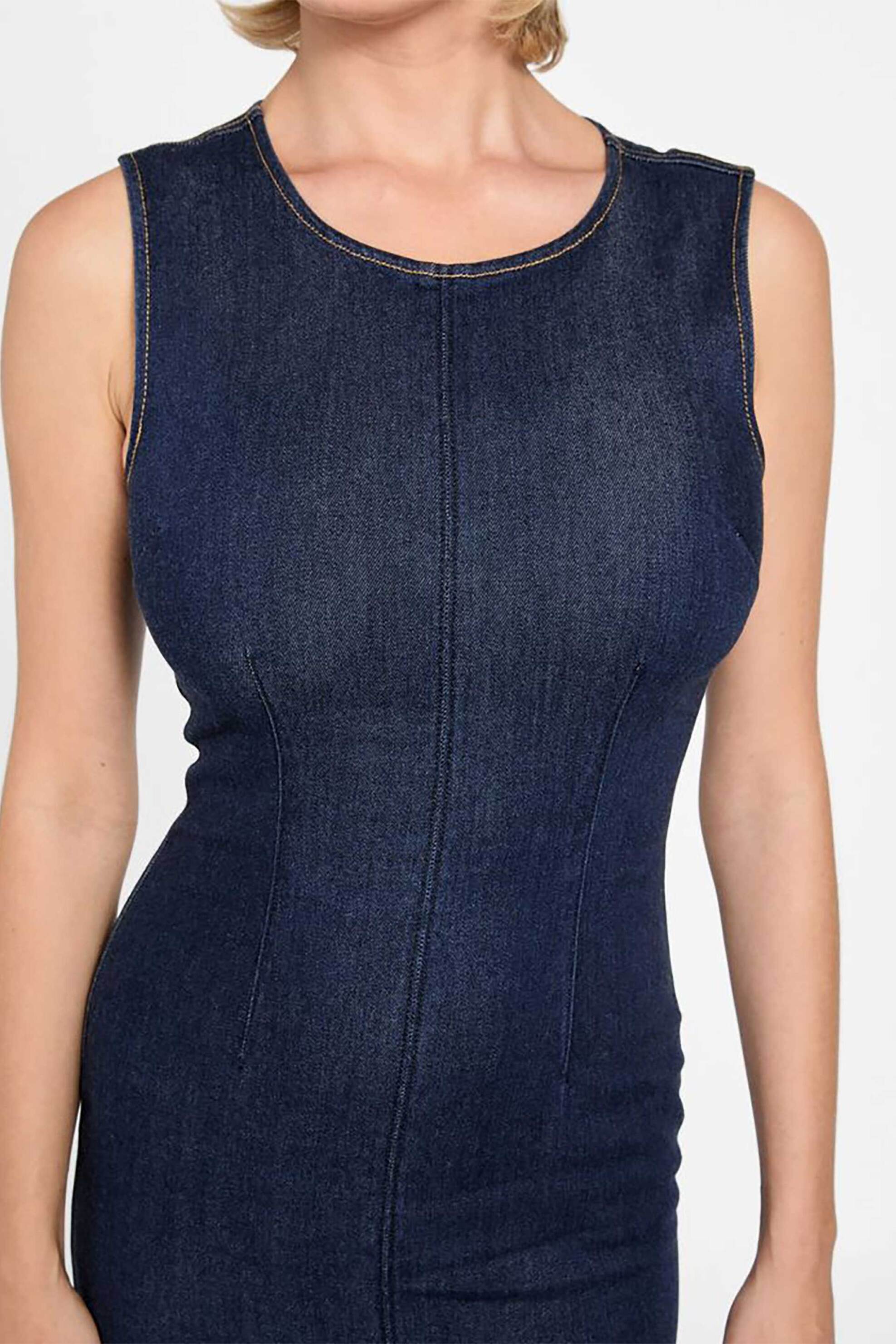Guess γυναικείo midi αμάνικο denim φόρεμα Slim Fit - W6RK72D6980 Denim Blue Σκούρο