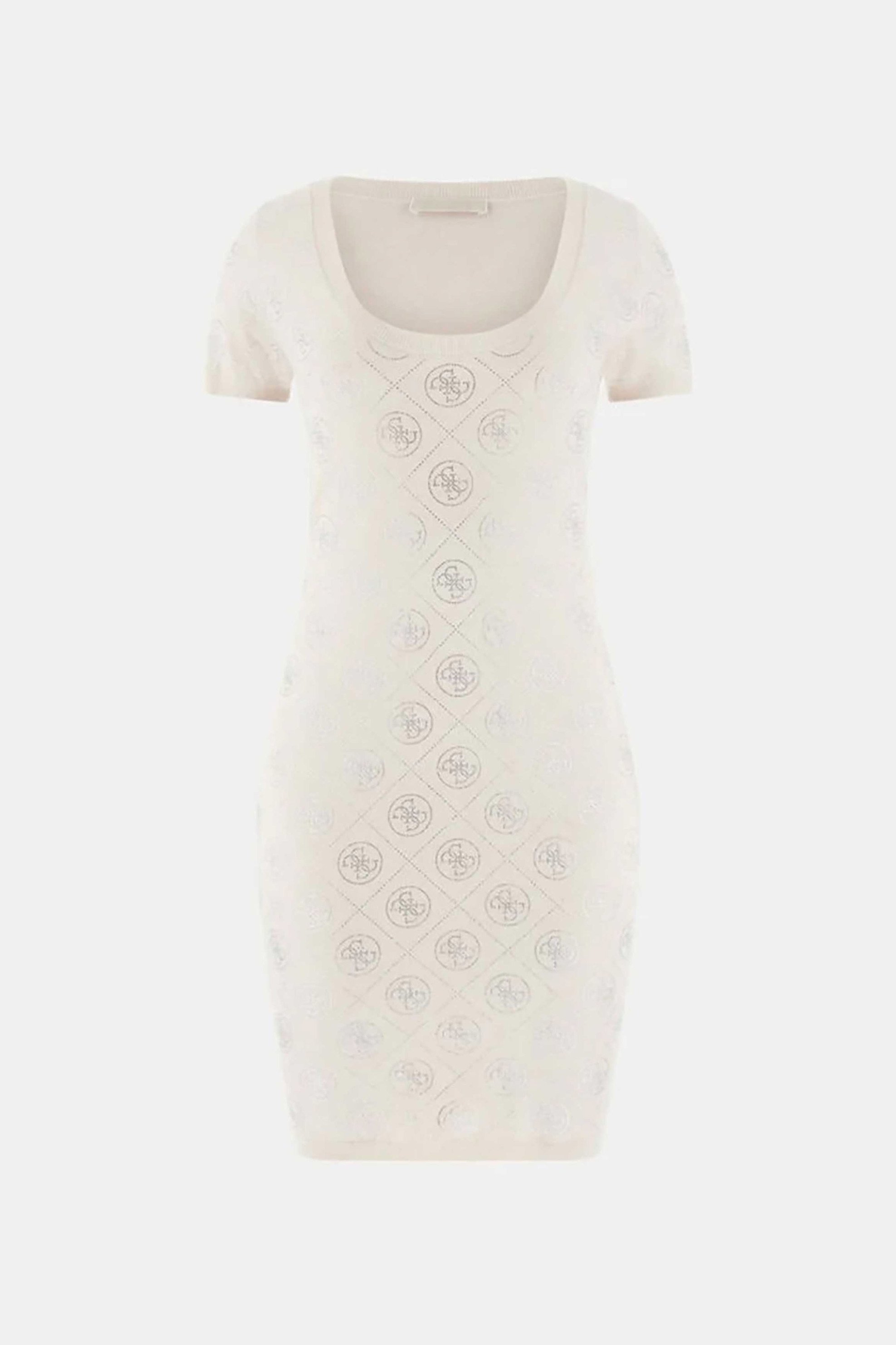 Guess γυναικείο mini πλεκτό φόρεμα με all-over logo print με στρας - W6RK92Z3JD2 Μπεζ