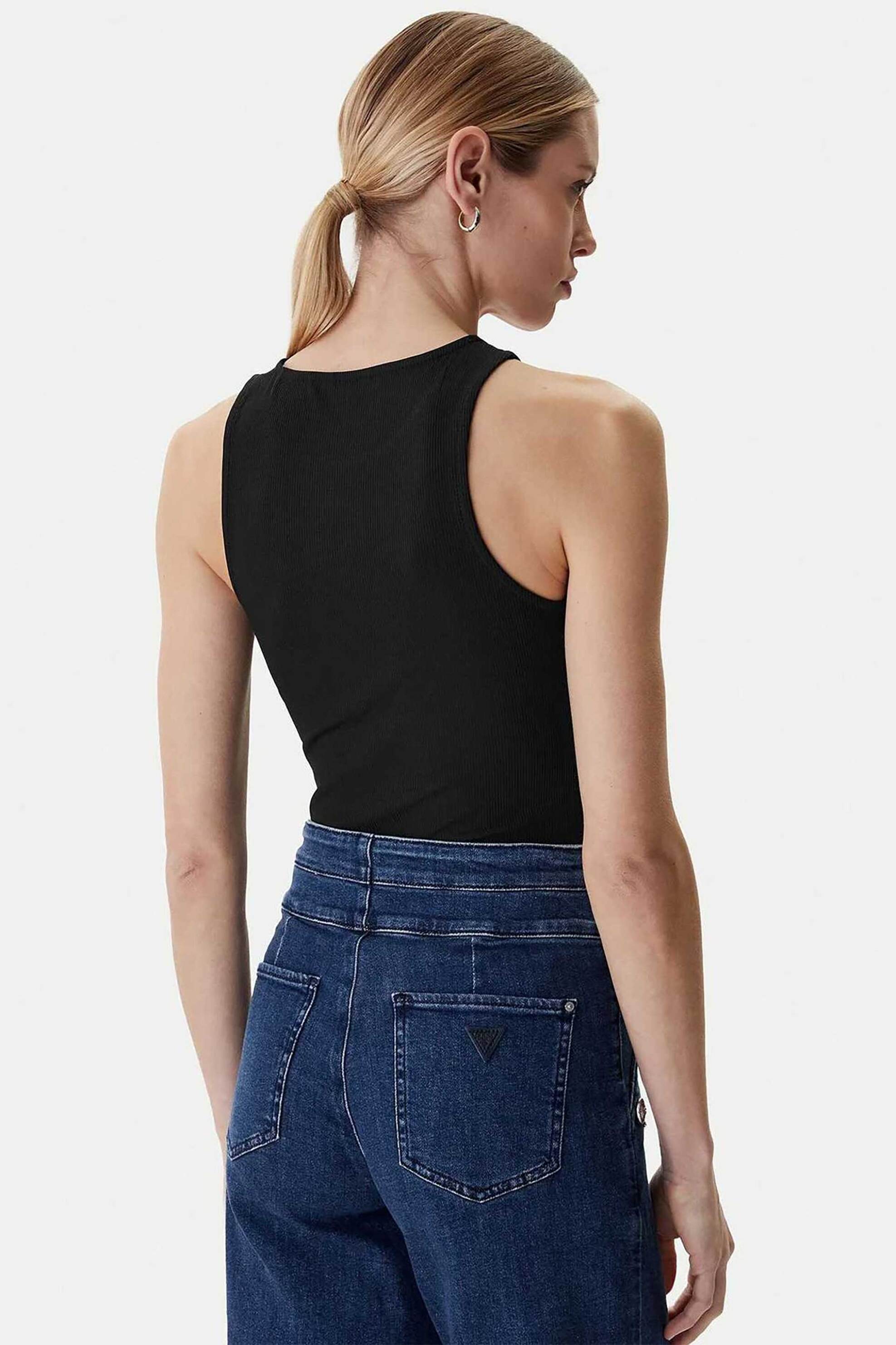 Guess Γυναικείο Αμάνικο Τοπ με Logo Print Ribbed Slim Fit - W6Rp39Kd092 Μαύρο