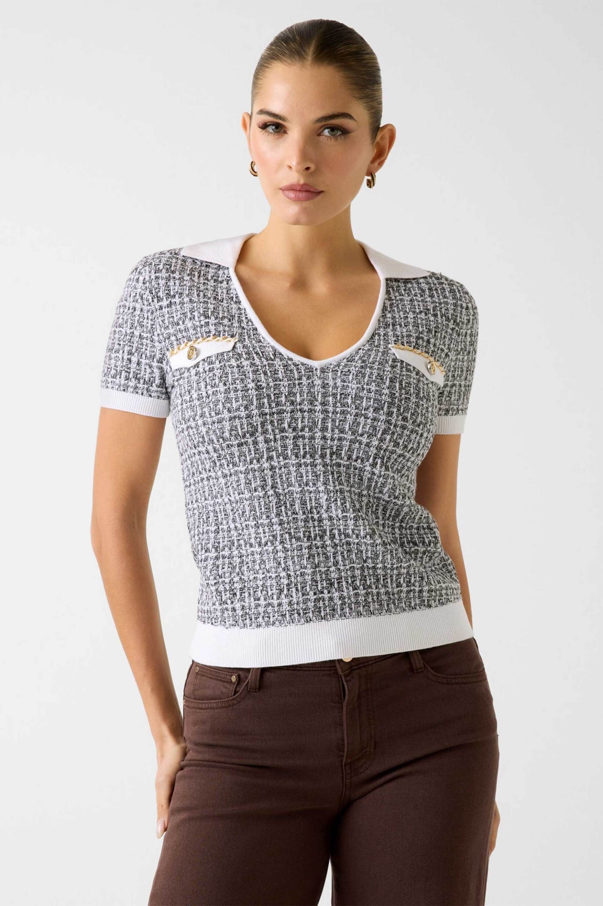 Guess γυναικεία tweed πλεκτή μπλούζα Regular Fit - W6RR27Z0361 Ασπρόμαυρο