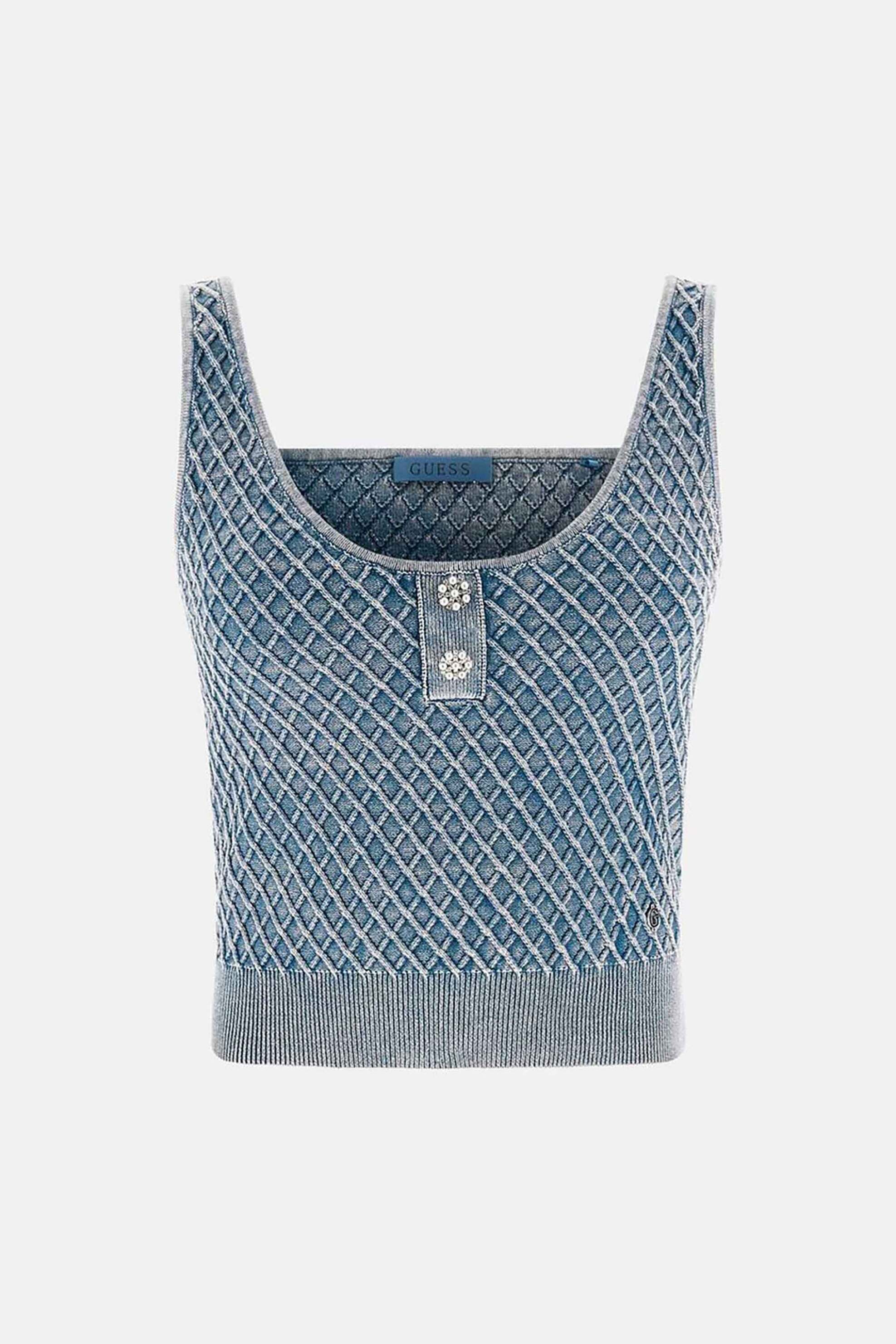 Guess Γυναικείο Αμάνικο Τοπ με Ανάγλυφη Υφή Regular Fit Lylah - W6Rr28Z3P41 Μπλε