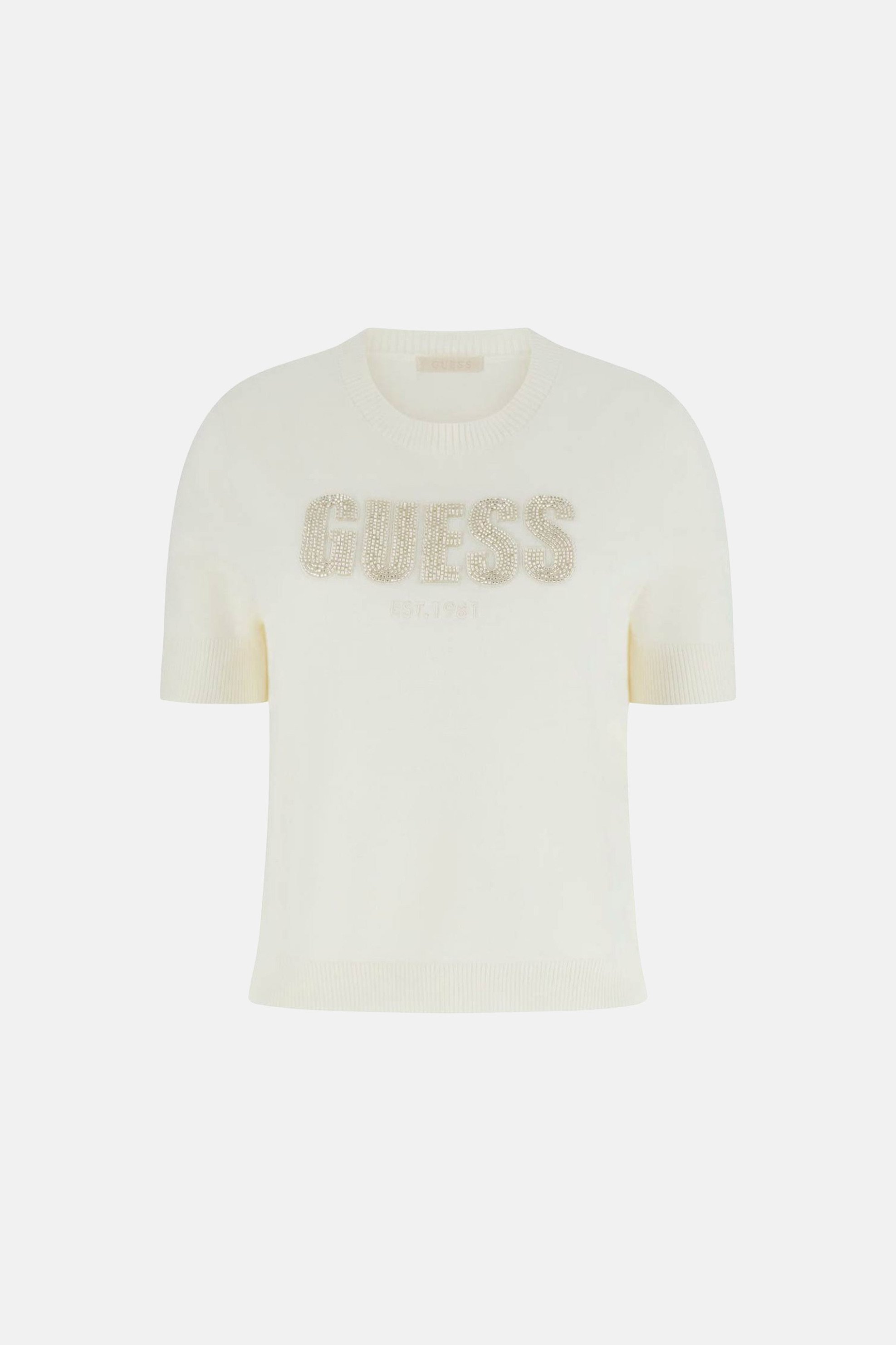 Guess γυναικεία πλεκτή μπλούζα με logo print απο στρας Regular Fit - W6RR47Z2NQ2 Κρέμ