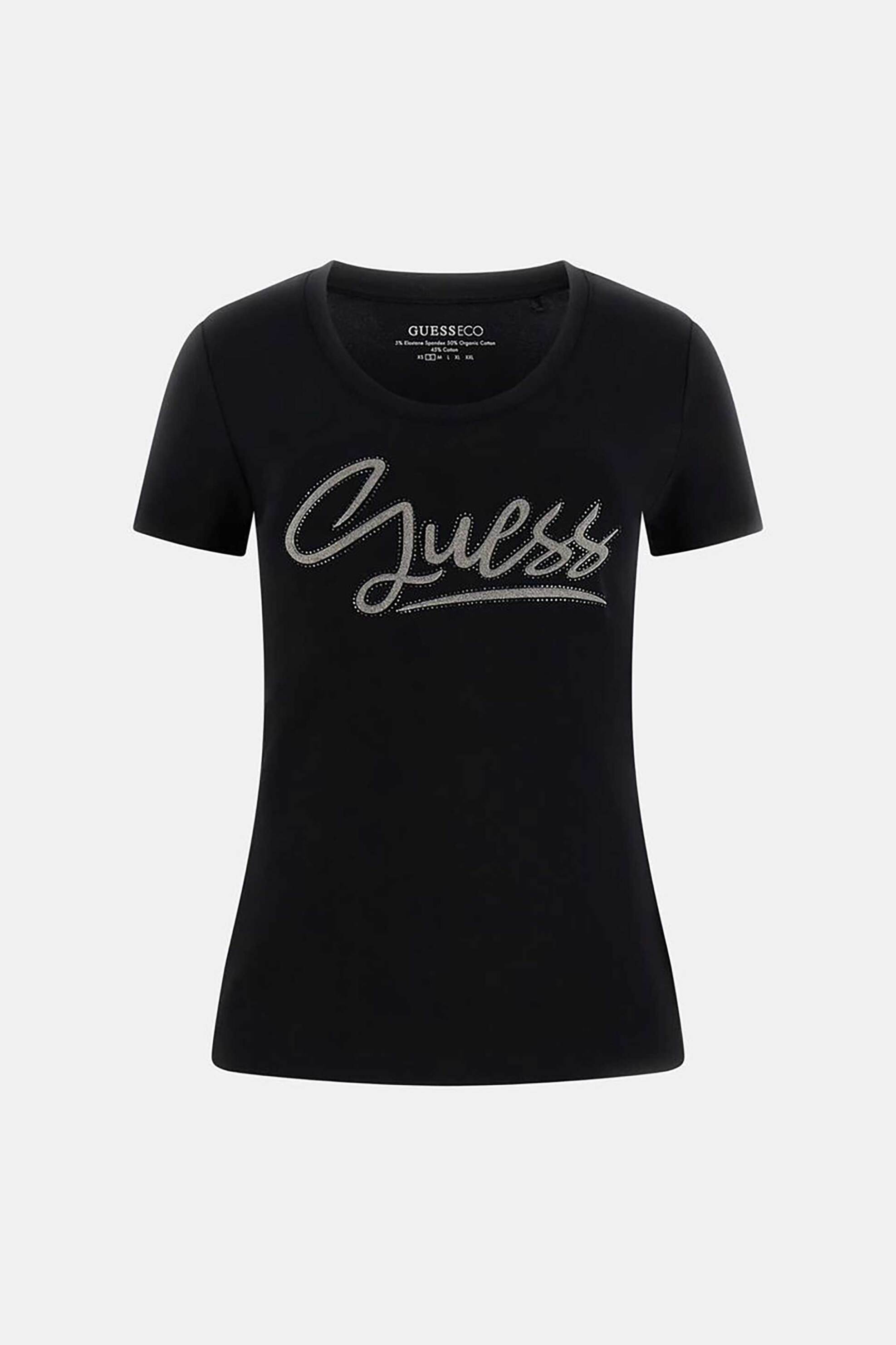 Guess Γυναικείο T-Shirt Και Ανάγλυφο Λογότυπο με Στρας Regular Fit - W6Ri24J1314 Μαύρο