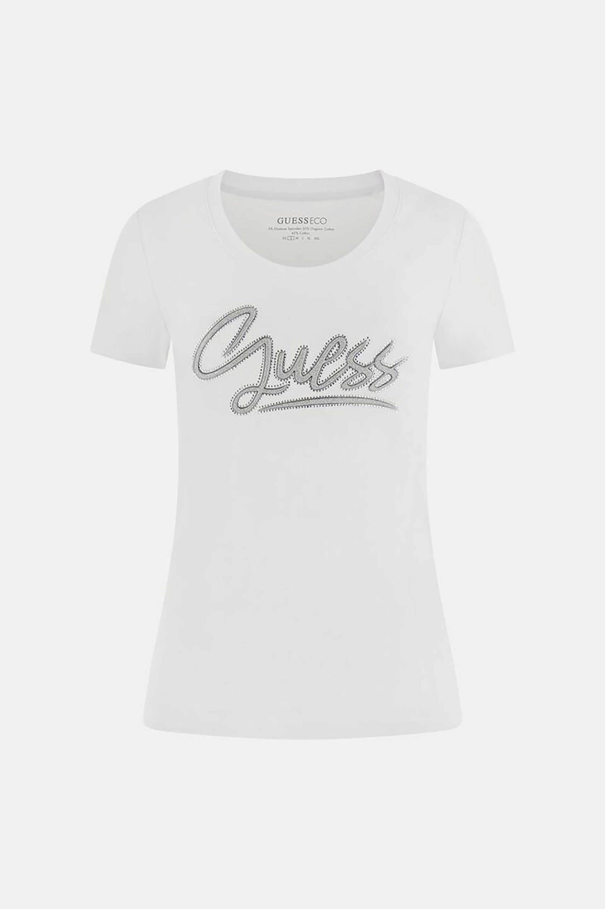 Guess Γυναικείο T-Shirt Και Ανάγλυφο Λογότυπο με Στρας Regular Fit - W6Ri24J1314 Λευκό