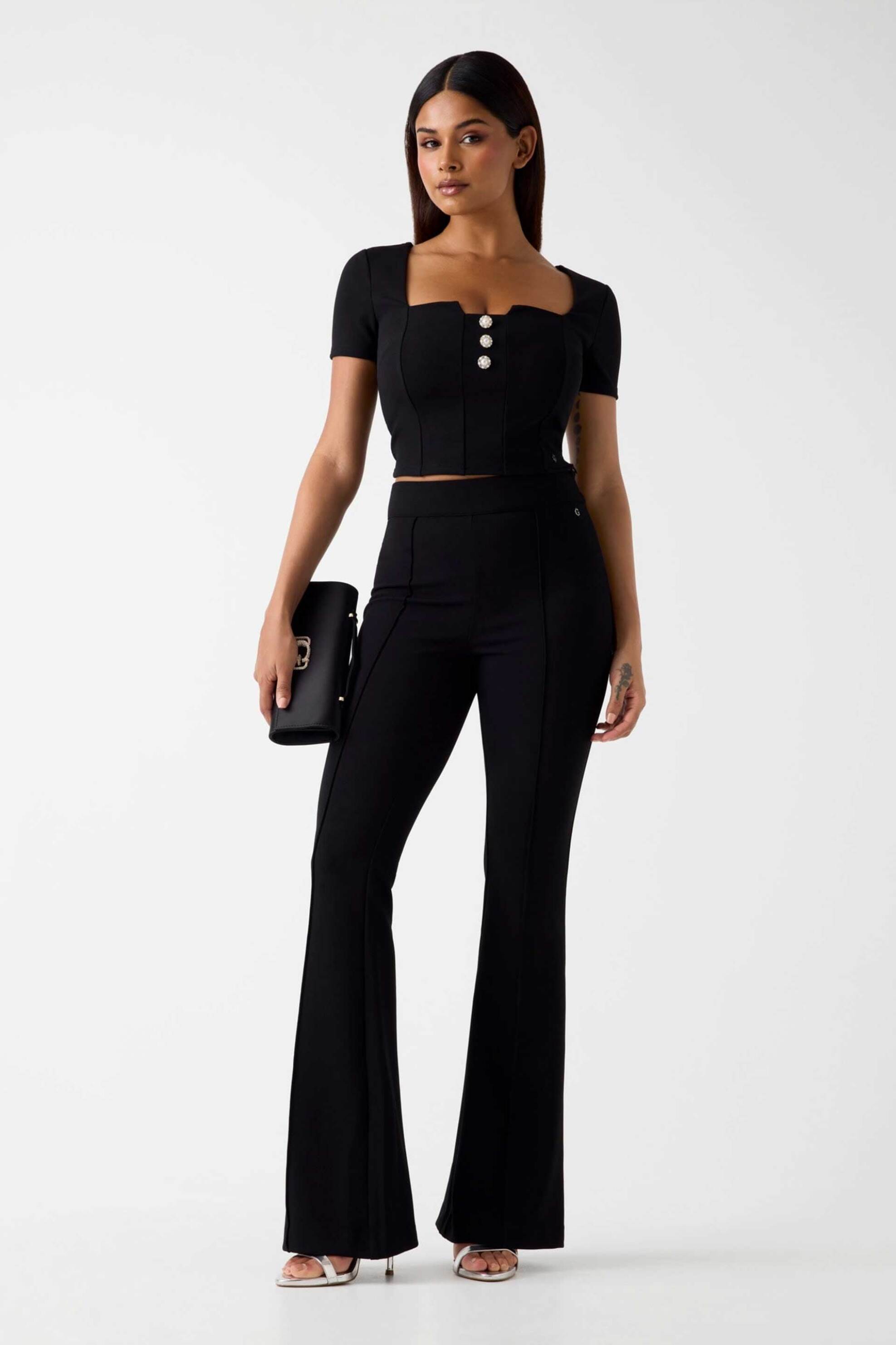 GUESS Guess γυναικείο τοπ με διακοσμητικά κουμπιά cropped "Evelina" - W6RP08KCBO2 Μαύρο - 2