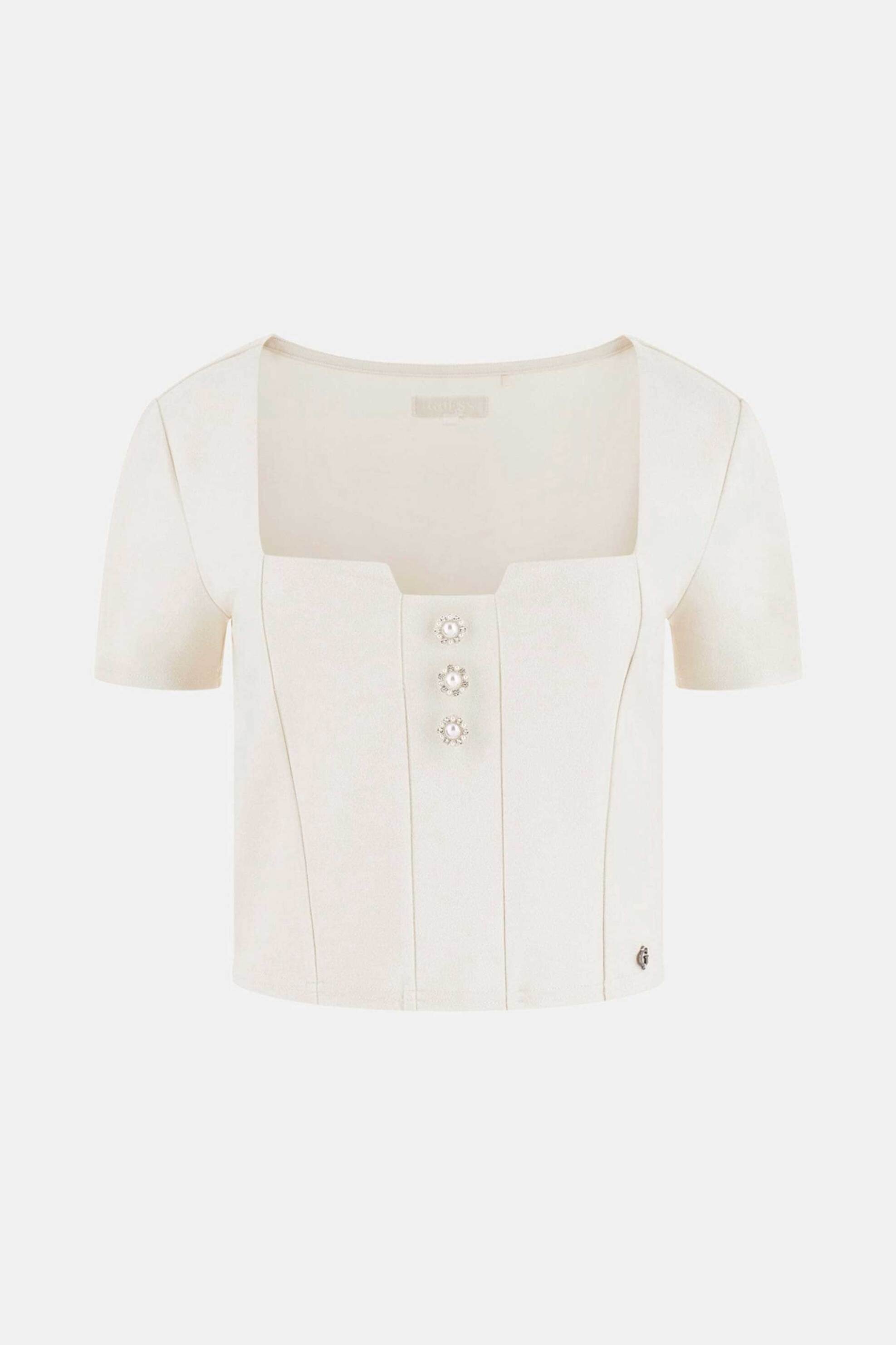Guess Γυναικείο Τοπ με Διακοσμητικά Κουμπιά Cropped Evelina - W6Rp08Kcbo2 Μπεζ