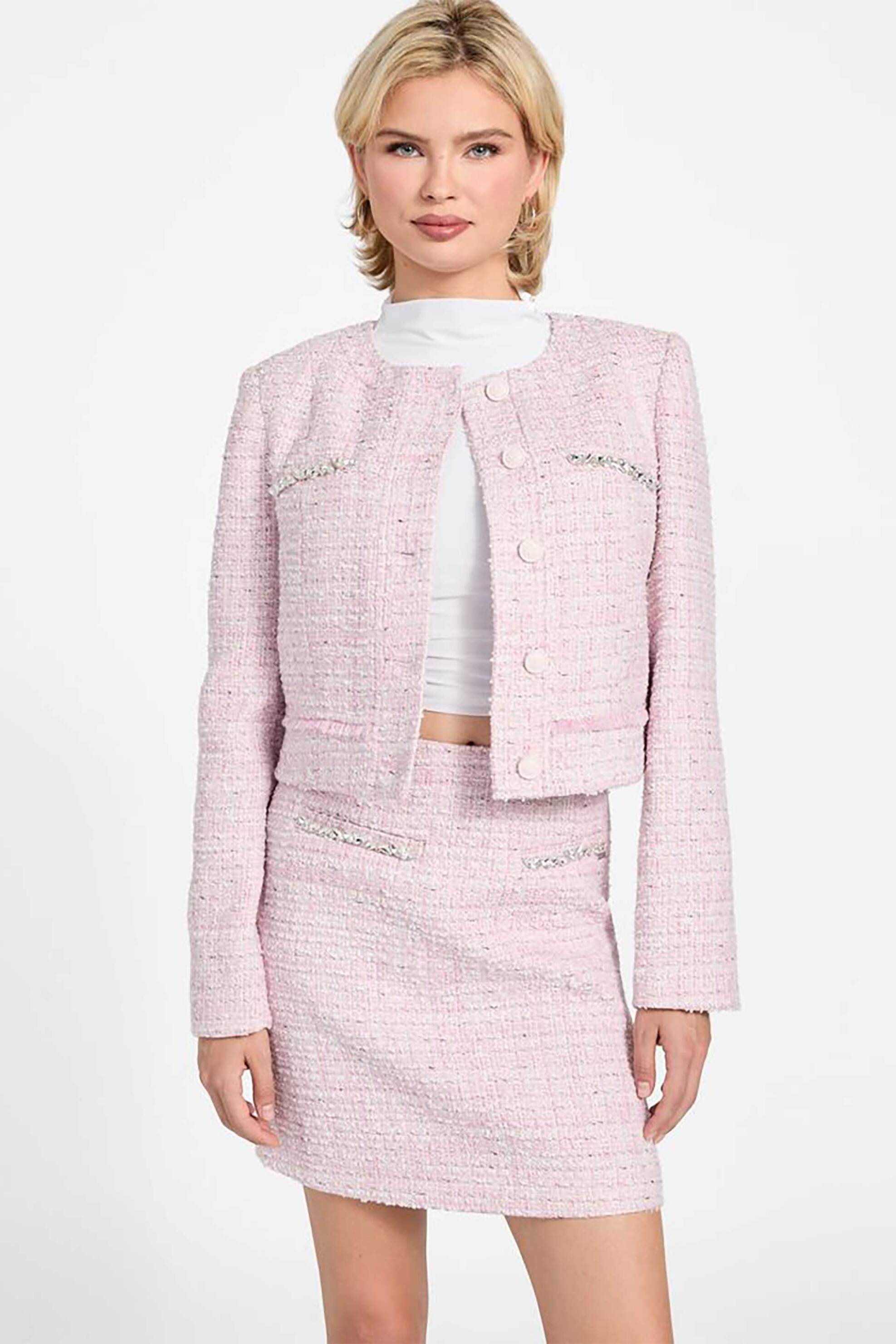 Guess γυναικείο jacket tweed με διακοσμητικές χάντρες - W6RL54WJ632 Ροζ