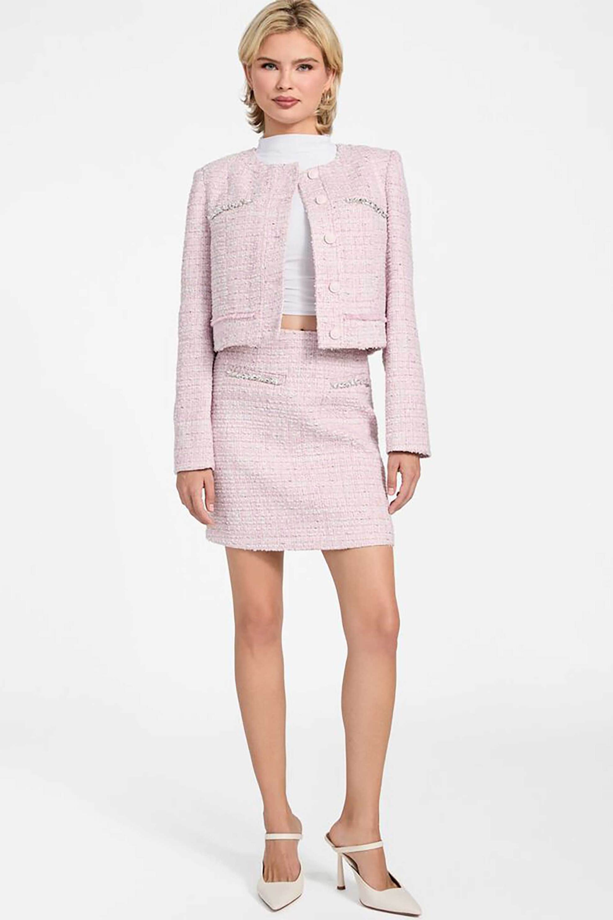 Guess γυναικείο jacket tweed με διακοσμητικές χάντρες - W6RL54WJ632 Ροζ