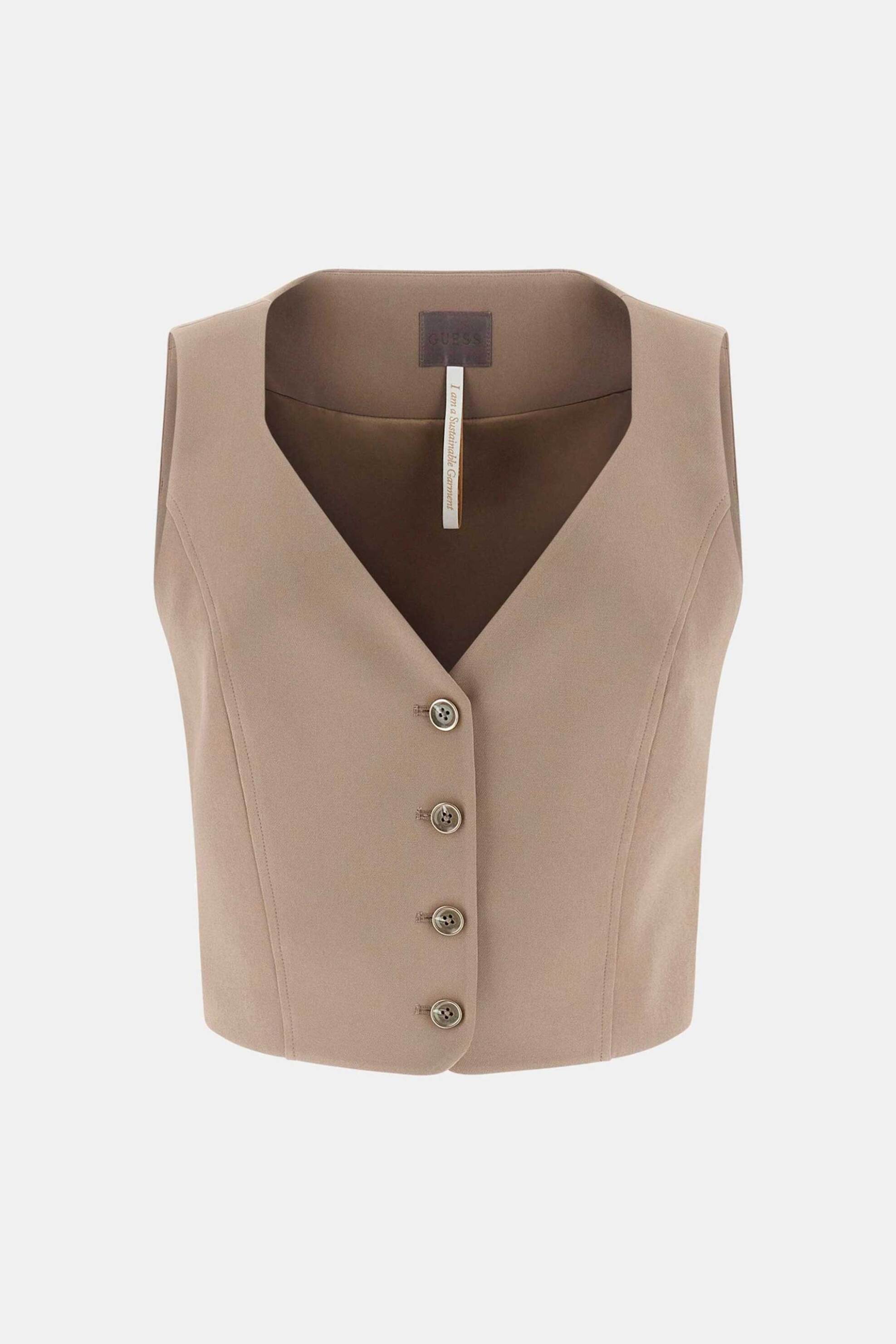 Guess Γυναικείο Αμάνικο Γιλέκο με Κουμπιά Slim Fit - W6Rh52Wh9Y2 Μπεζ
