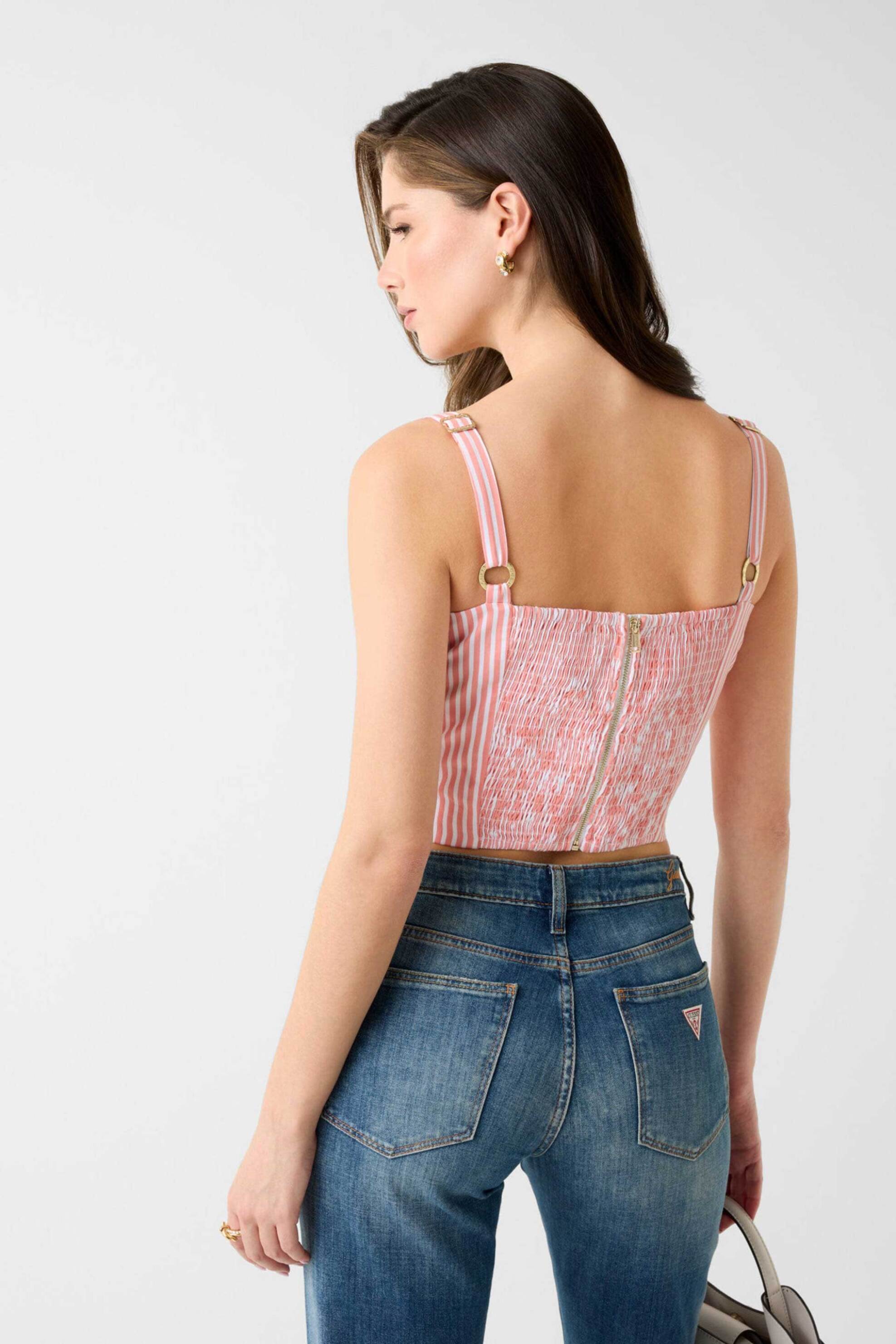 GUESS Guess γυναικείο αμάνικο τοπ με ριγέ σχέδιο cropped Slim Fit - W6GH38W1848 Ροζ - 3