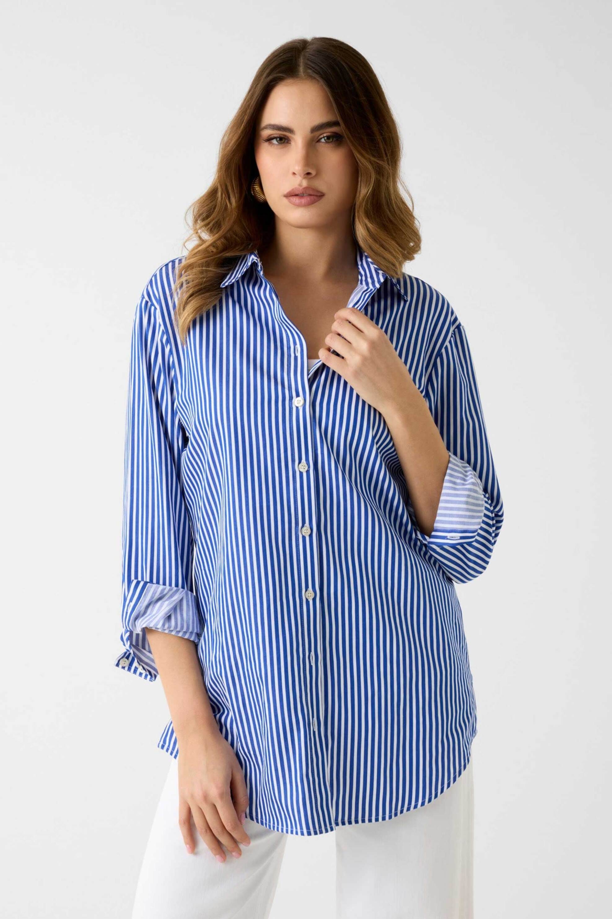 Guess γυναικείο πουκάμισο με ριγέ σχέδιο Regular Fit - W6GH39W1849 Λευκό - Μπλε