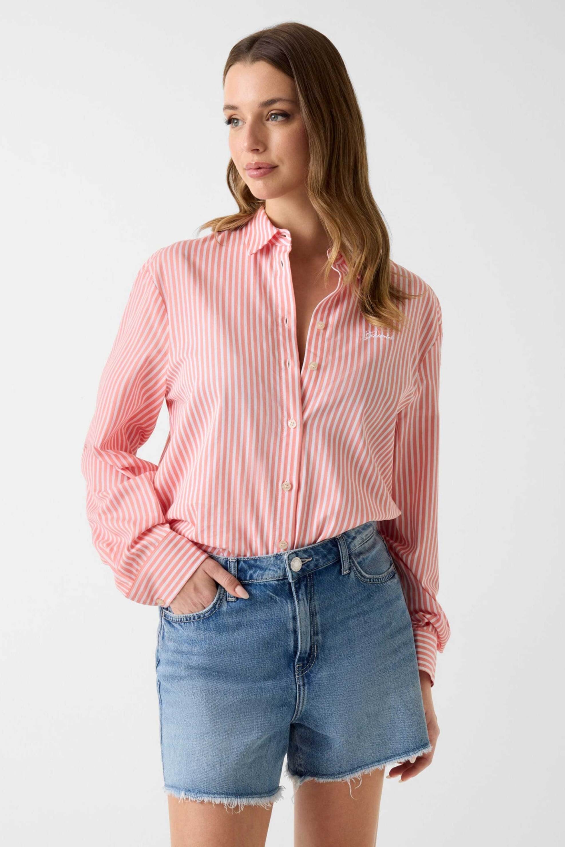 GUESS Guess γυναικείο πουκάμισο με ριγέ σχέδιο Regular Fit - W6GH39W1849 Ροζ - 2