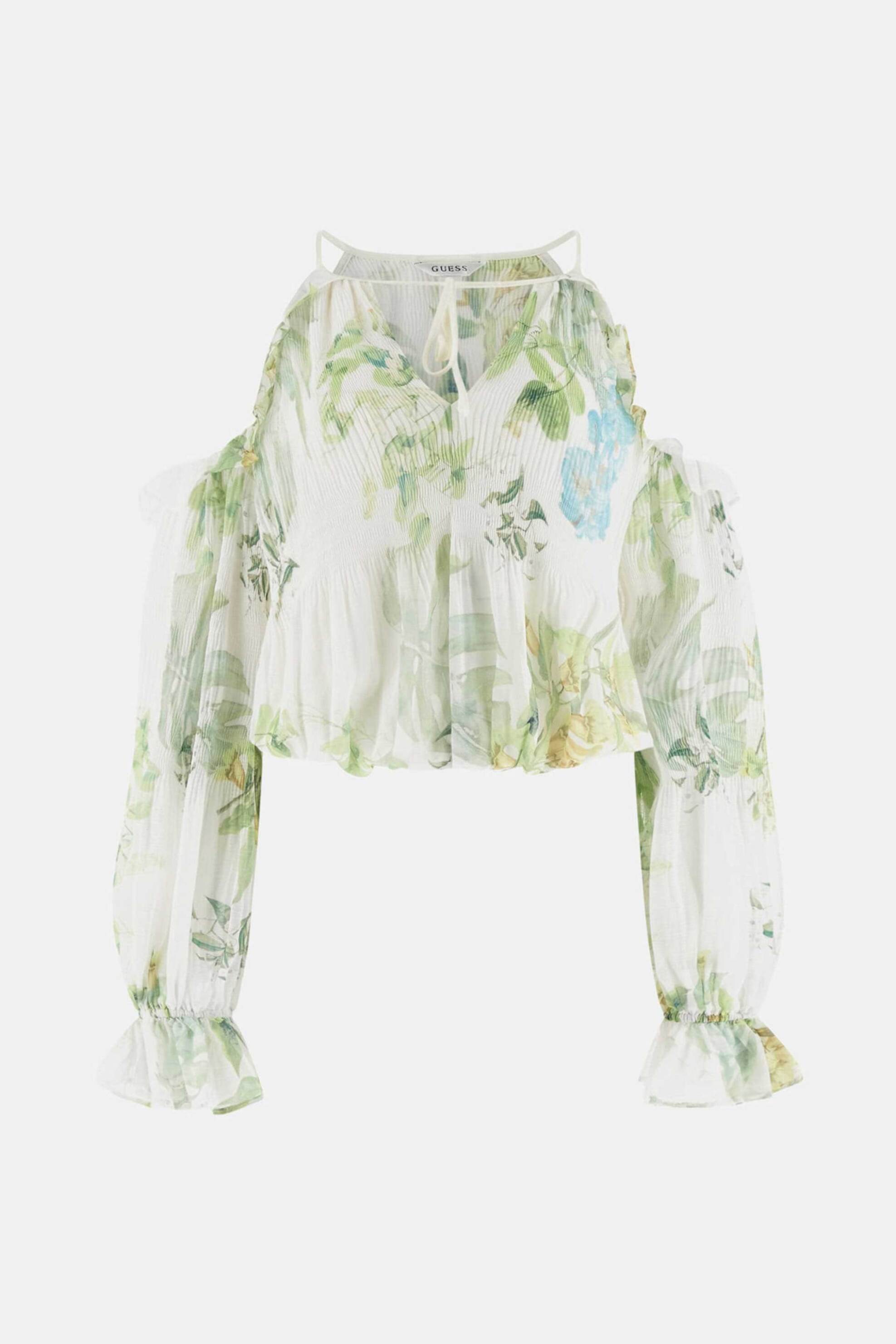 Guess Γυναικεία Μπλούζα Floral Print Off Shoulder - W6Gh94W2397 Πράσινο Ανοιχτό