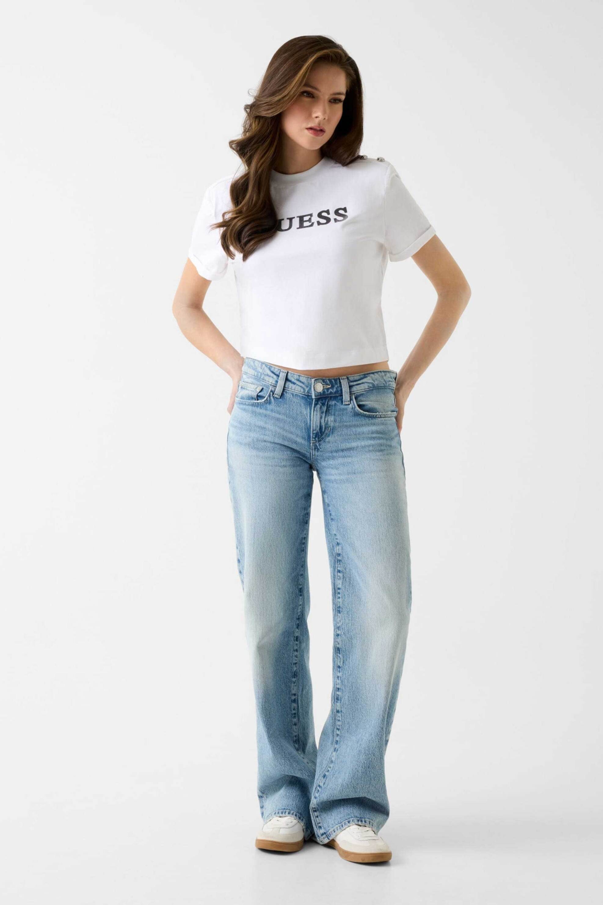 Guess γυναικείο T-shirt και ανάγλυφο λογότυπο με στρας Regular Fit - W6GI06K3018 Λευκό