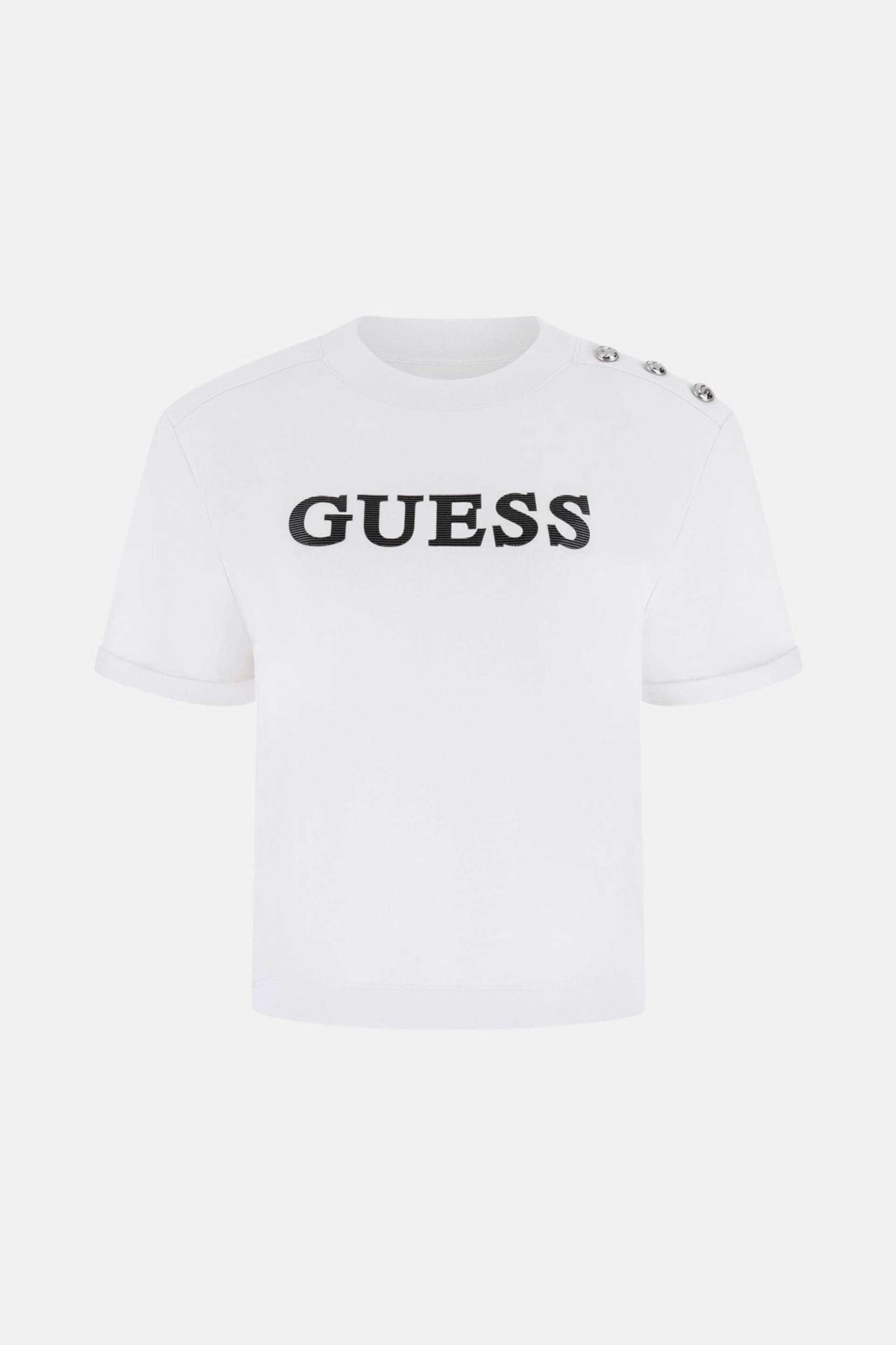 Guess Γυναικείο T-Shirt Και Ανάγλυφο Λογότυπο με Στρας Regular Fit - W6Gi06K3018 Λευκό