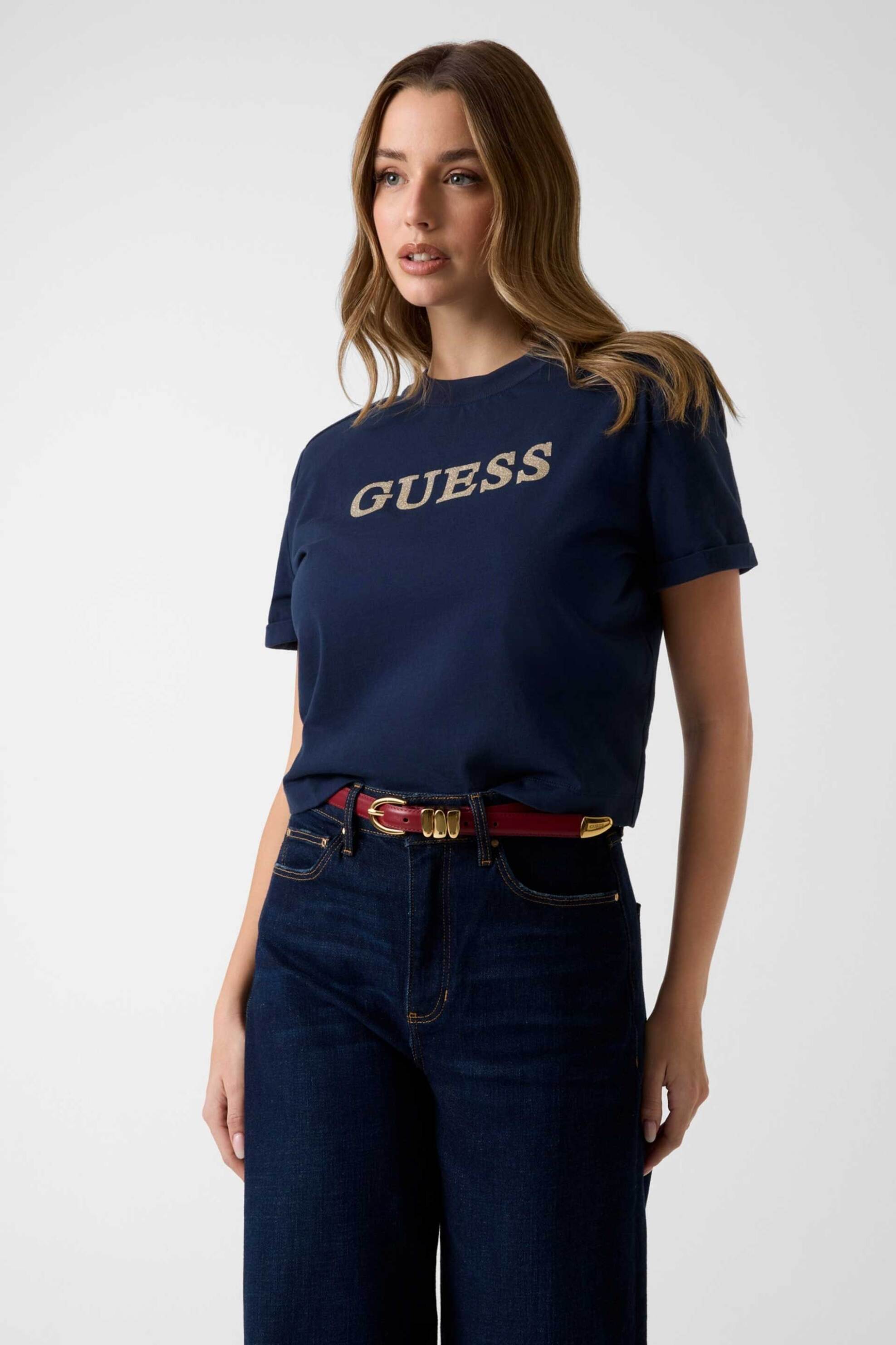 Guess γυναικείο T-shirt και ανάγλυφο λογότυπο με στρας Regular Fit - W6GI06K3018 Μπλε Σκούρο