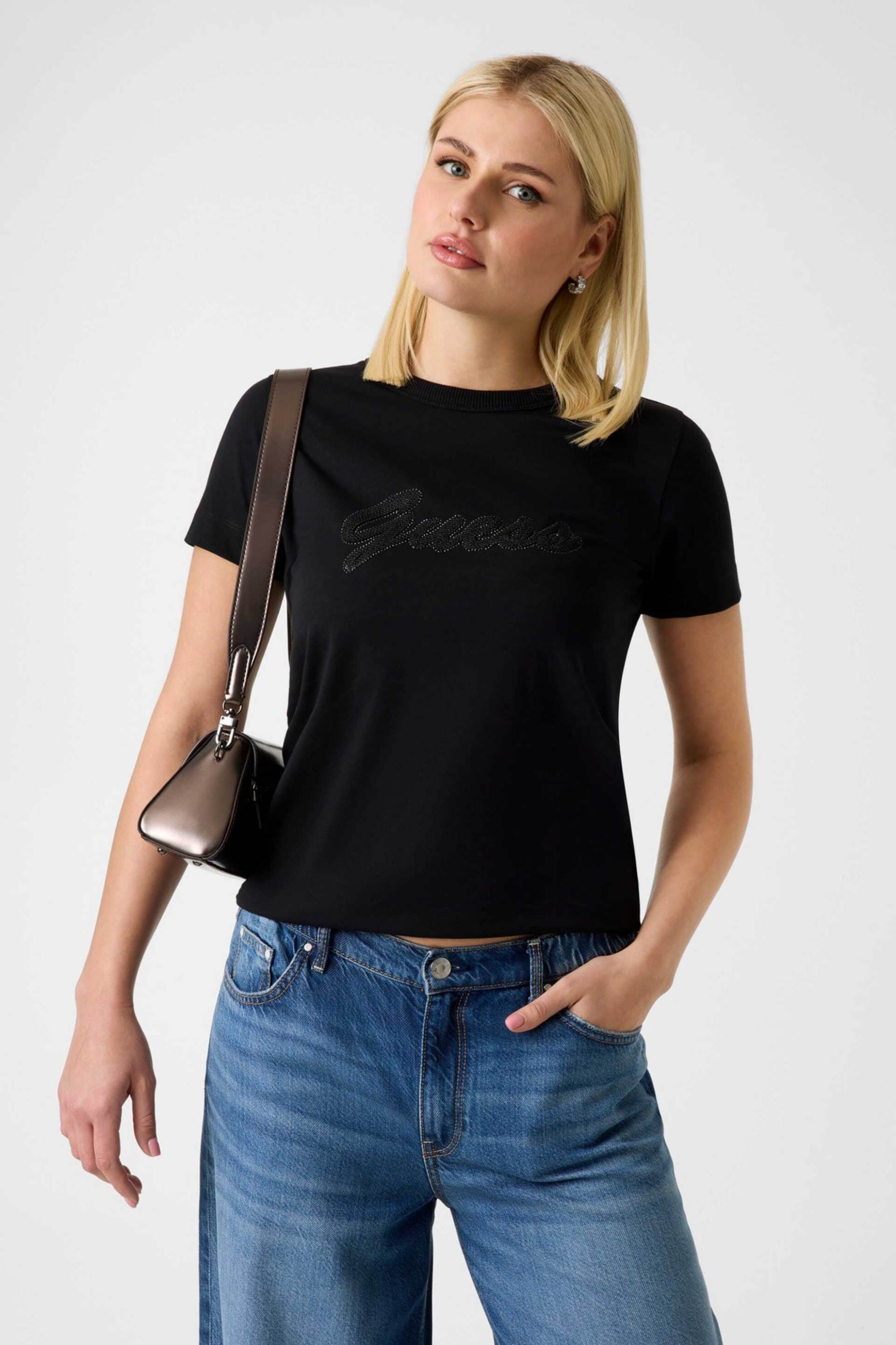 Guess γυναικείο T-shirt και ανάγλυφο λογότυπο με στρας Regular Fit - W6GI08K3023 Μαύρο