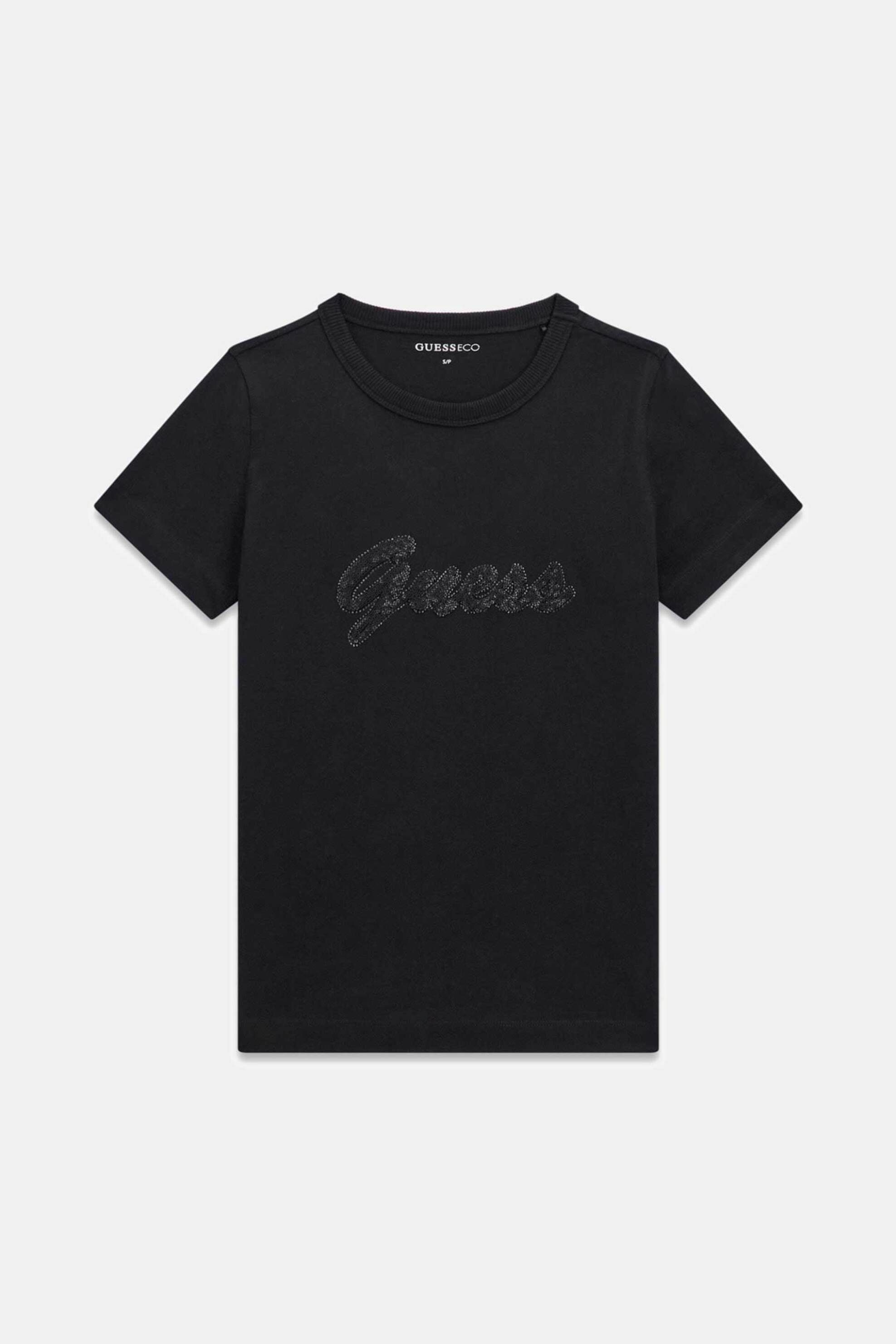Guess Γυναικείο T-Shirt Και Ανάγλυφο Λογότυπο με Στρας Regular Fit - W6Gi08K3023 Μαύρο