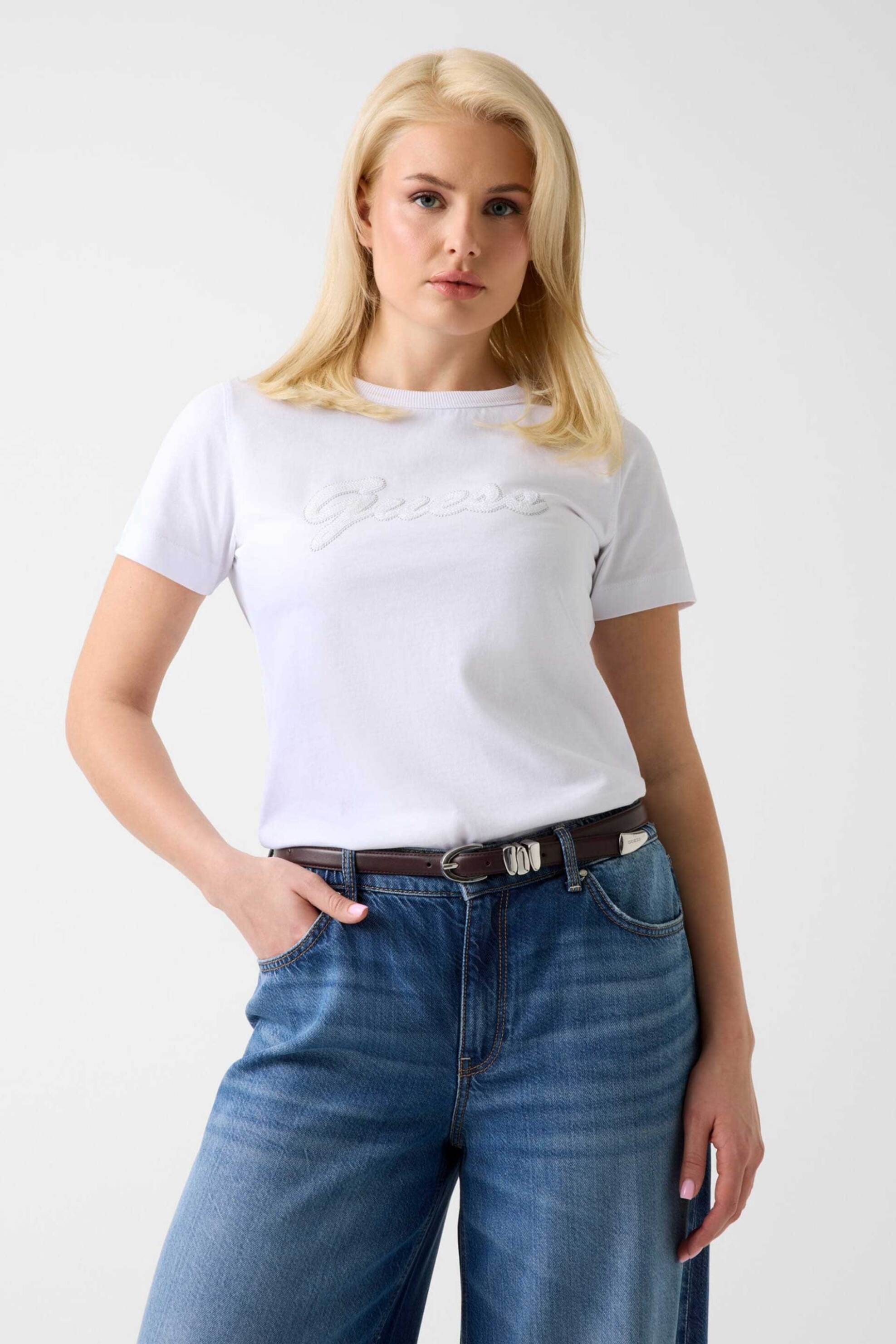 Guess γυναικείο T-shirt και ανάγλυφο λογότυπο με στρας Regular Fit - W6GI08K3023 Λευκό