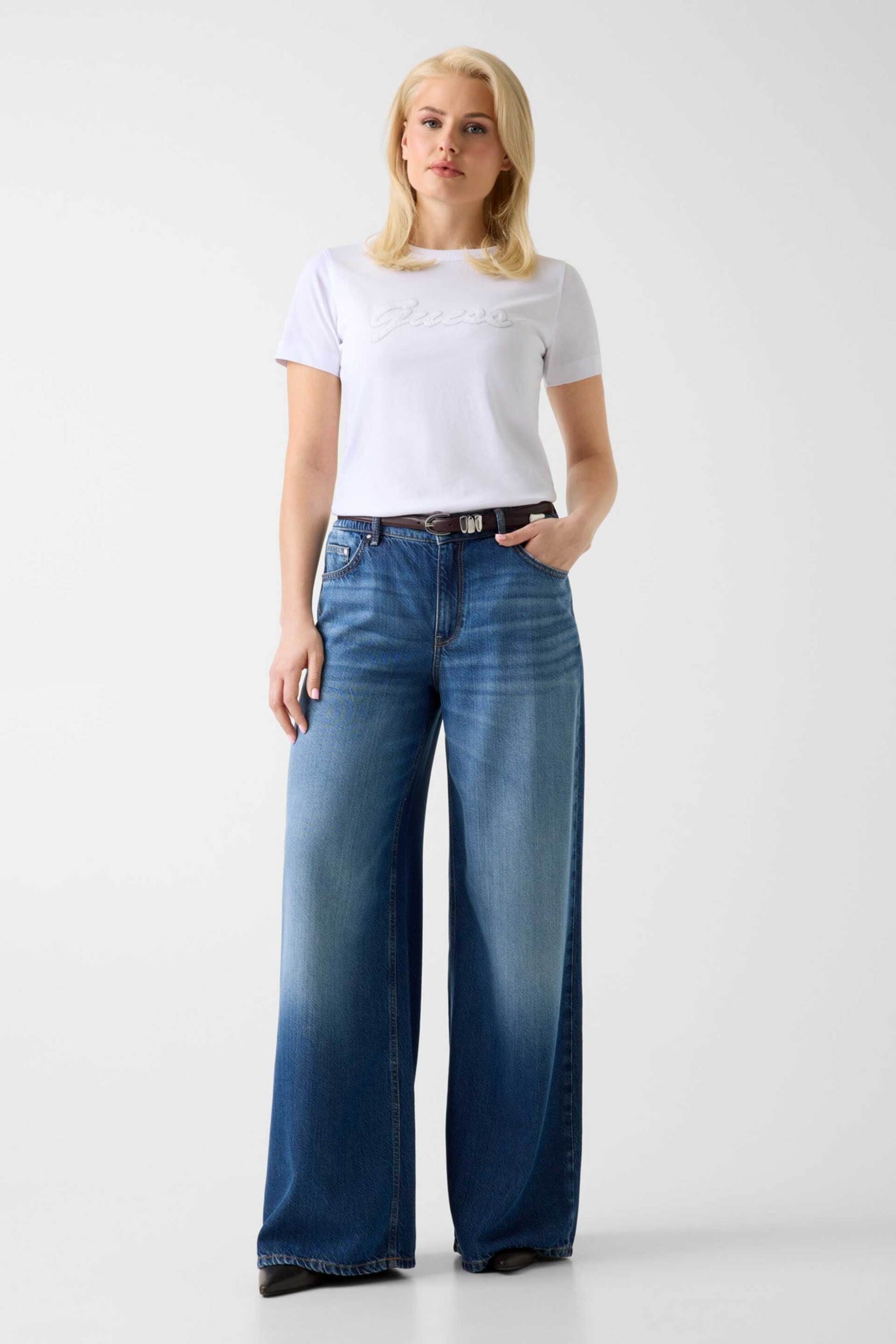 Guess γυναικείο T-shirt και ανάγλυφο λογότυπο με στρας Regular Fit - W6GI08K3023 Λευκό