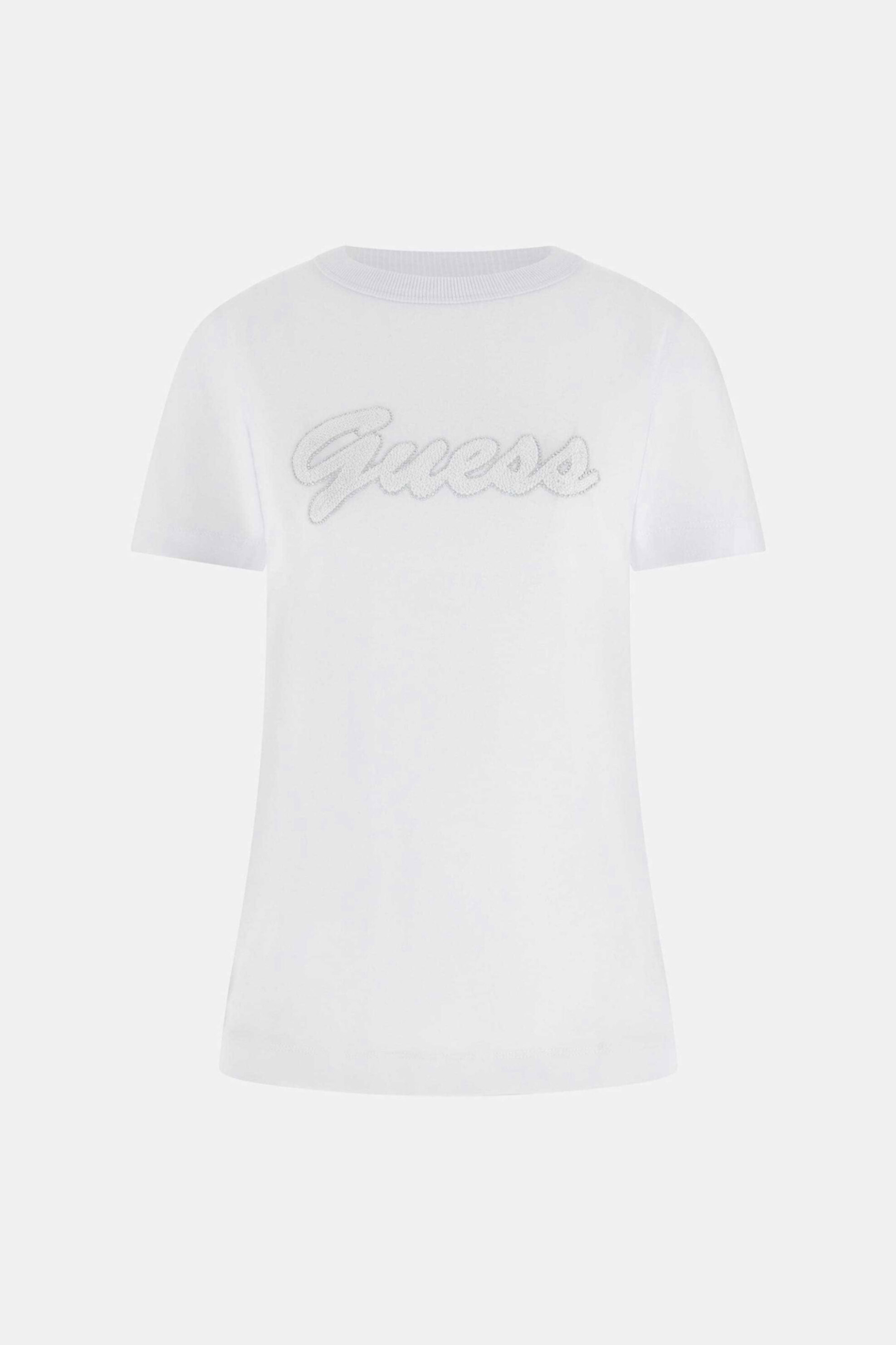 Guess Γυναικείο T-Shirt Και Ανάγλυφο Λογότυπο με Στρας Regular Fit - W6Gi08K3023 Λευκό