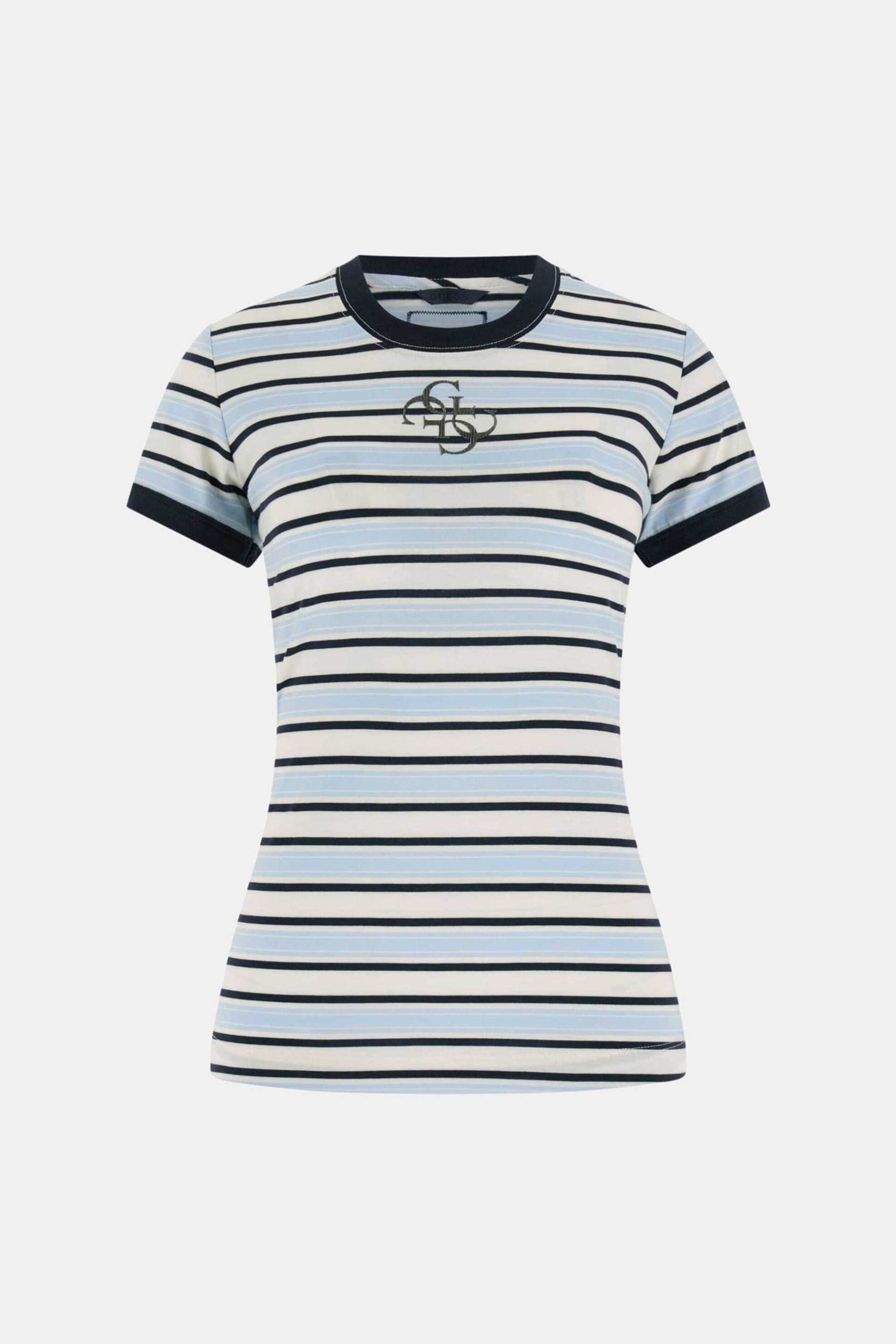 Guess Γυναικείο T-Shirt Και Ανάγλυφο Λογότυπο Ριγέ Σχέδιο Slim Fit - W6Gi18K3040 Μπλε Σκούρο