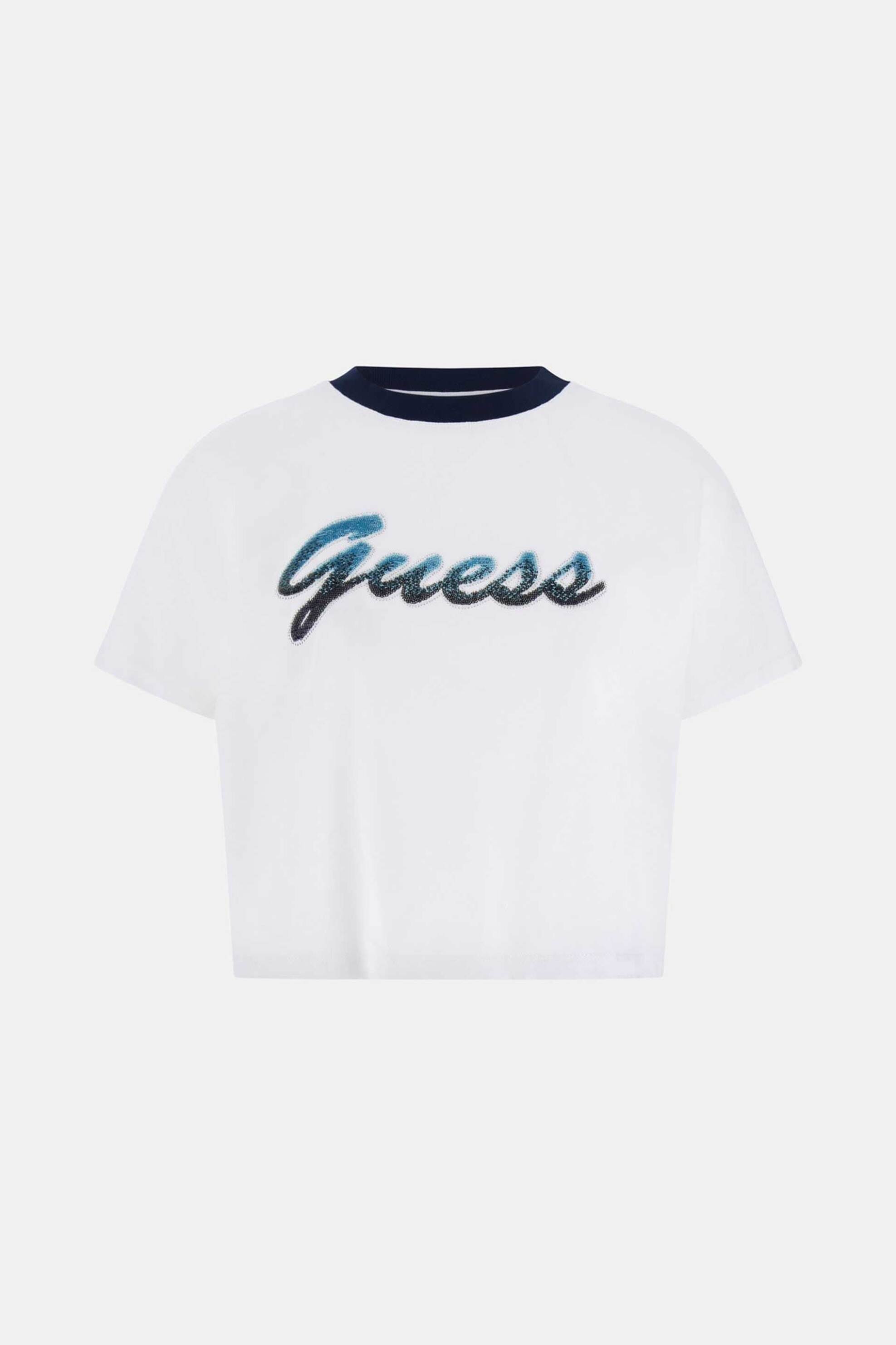 Guess Γυναικείο T-Shirt Και Ανάγλυφο Λογότυπο με Παγιέτες Cropped Regular Fit - W6Gi31K3224 Λευκό