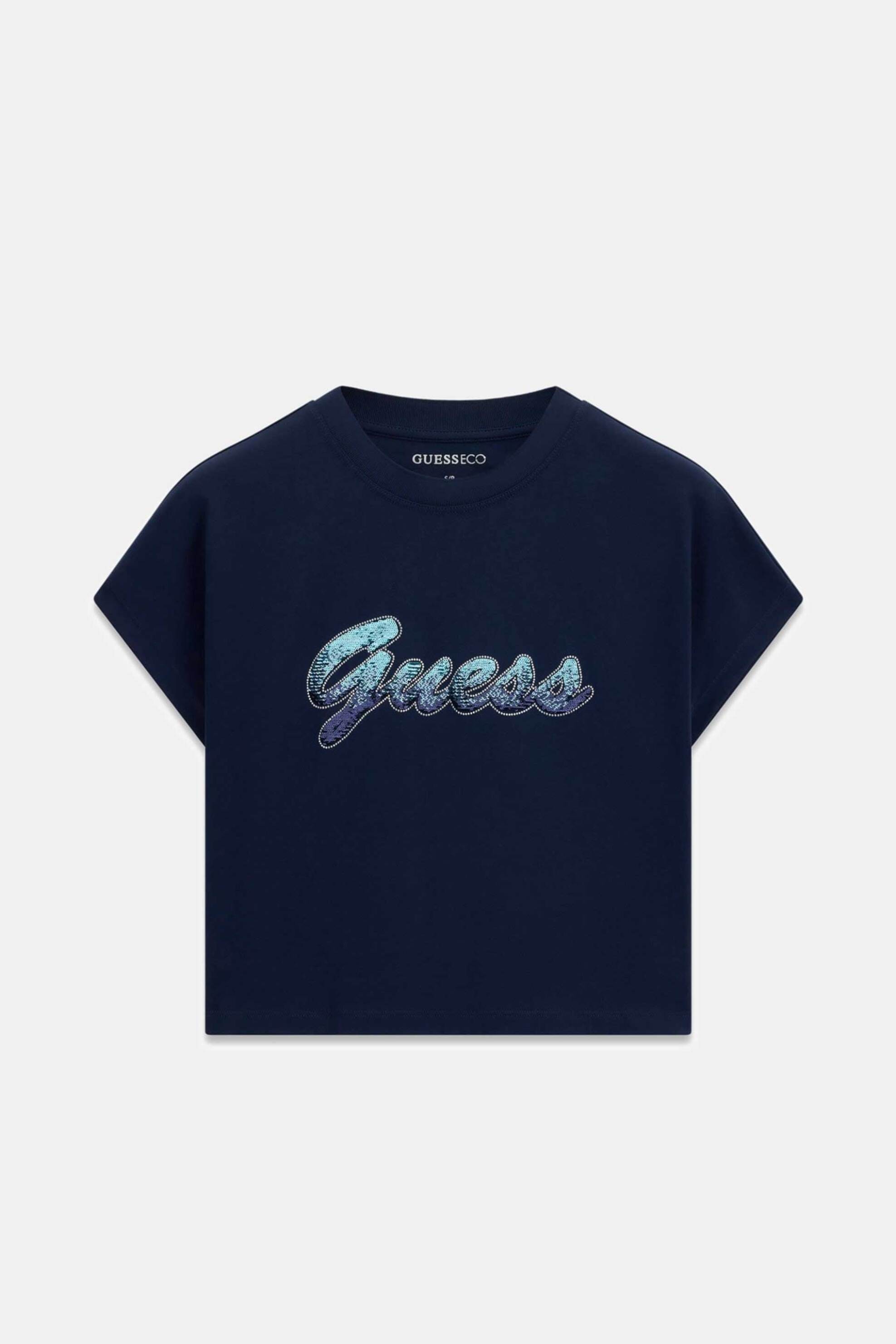 Guess Γυναικείο T-Shirt Και Ανάγλυφο Λογότυπο με Παγιέτες Cropped Regular Fit - W6Gi31K3224 Μπλε Σκούρο