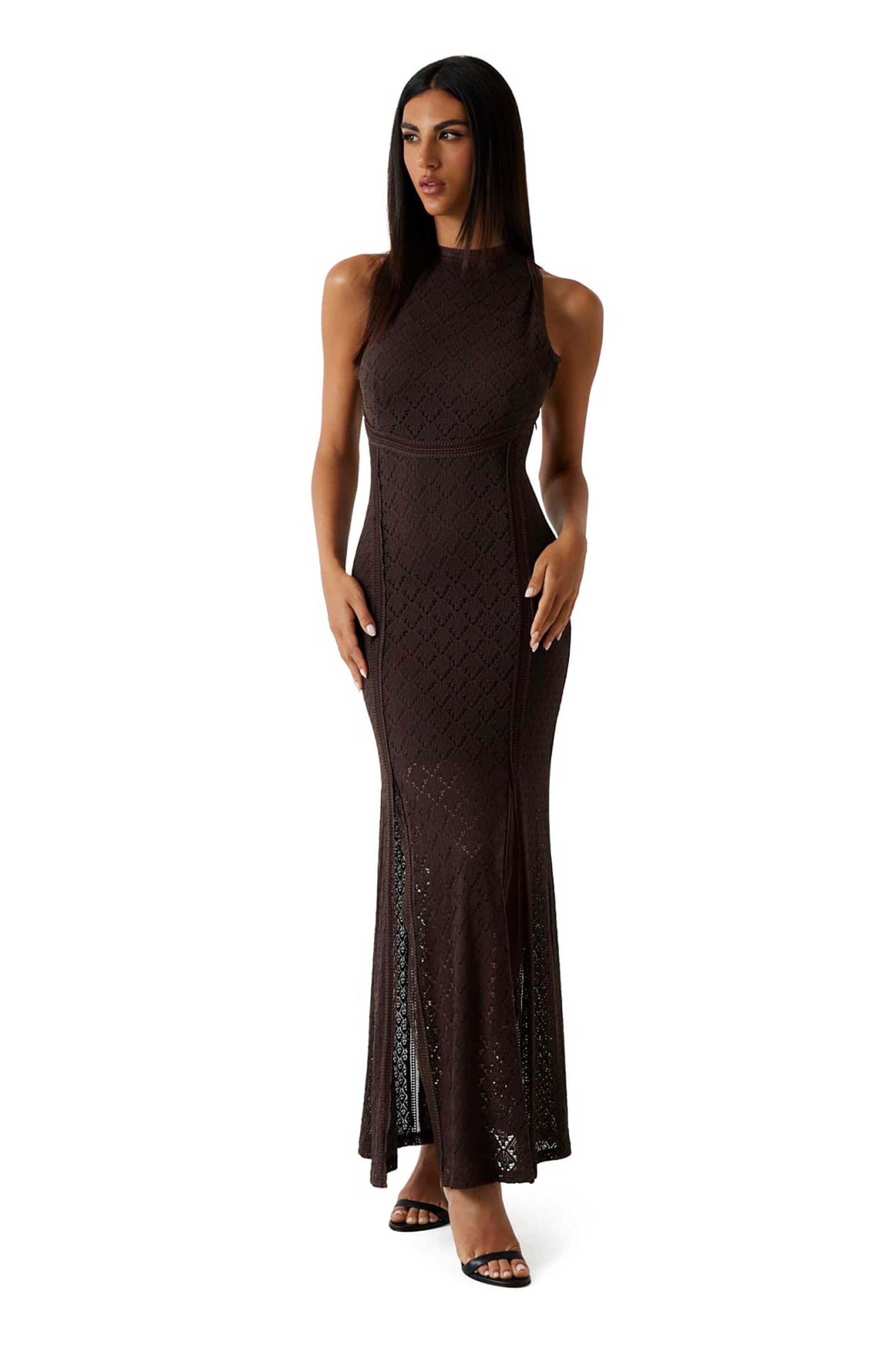 Guess γυναικείo maxi αμάνικο φόρεμα με διάτρητο σχέδιο ''Liza'' - W6GK16K2953 Καφέ
