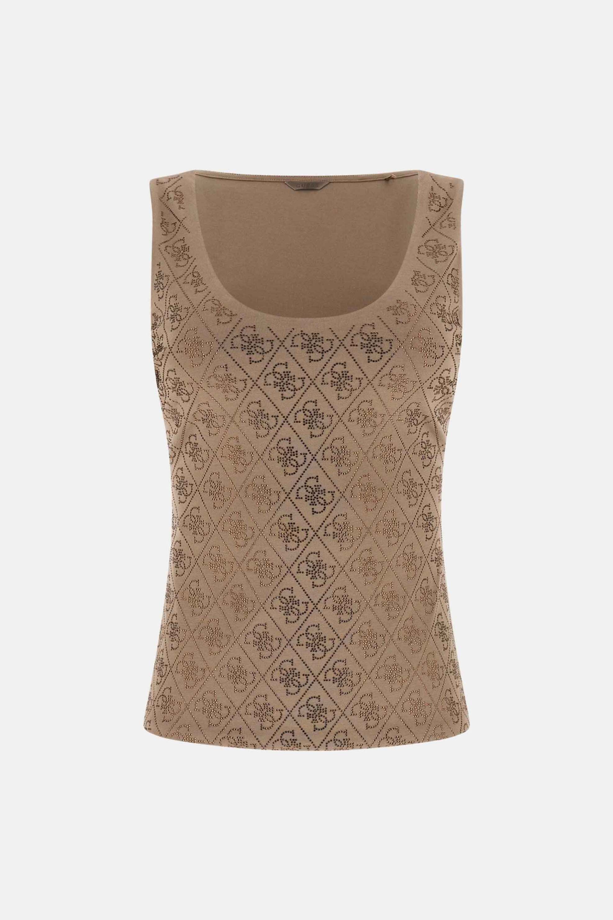 Guess Γυναικείο Αμάνικο Τοπ με All-Over Logo Print Regular Fit - W6Gp10K2932 Μπεζ