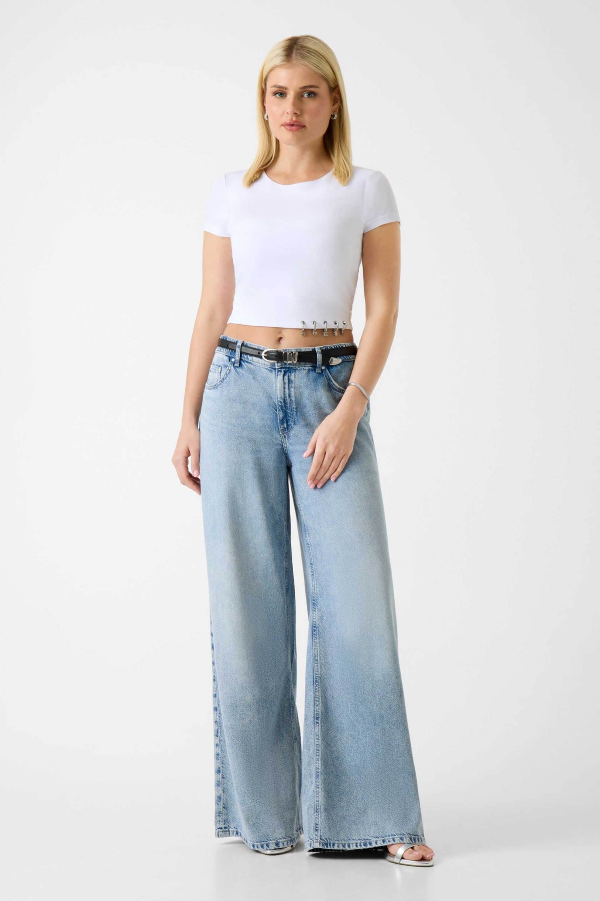 Guess γυναικείο T-shirt και λεπτομέρειες με κόσμημα λογότυπο cropped Regular Fit - W6GP11K2933 Λευκό