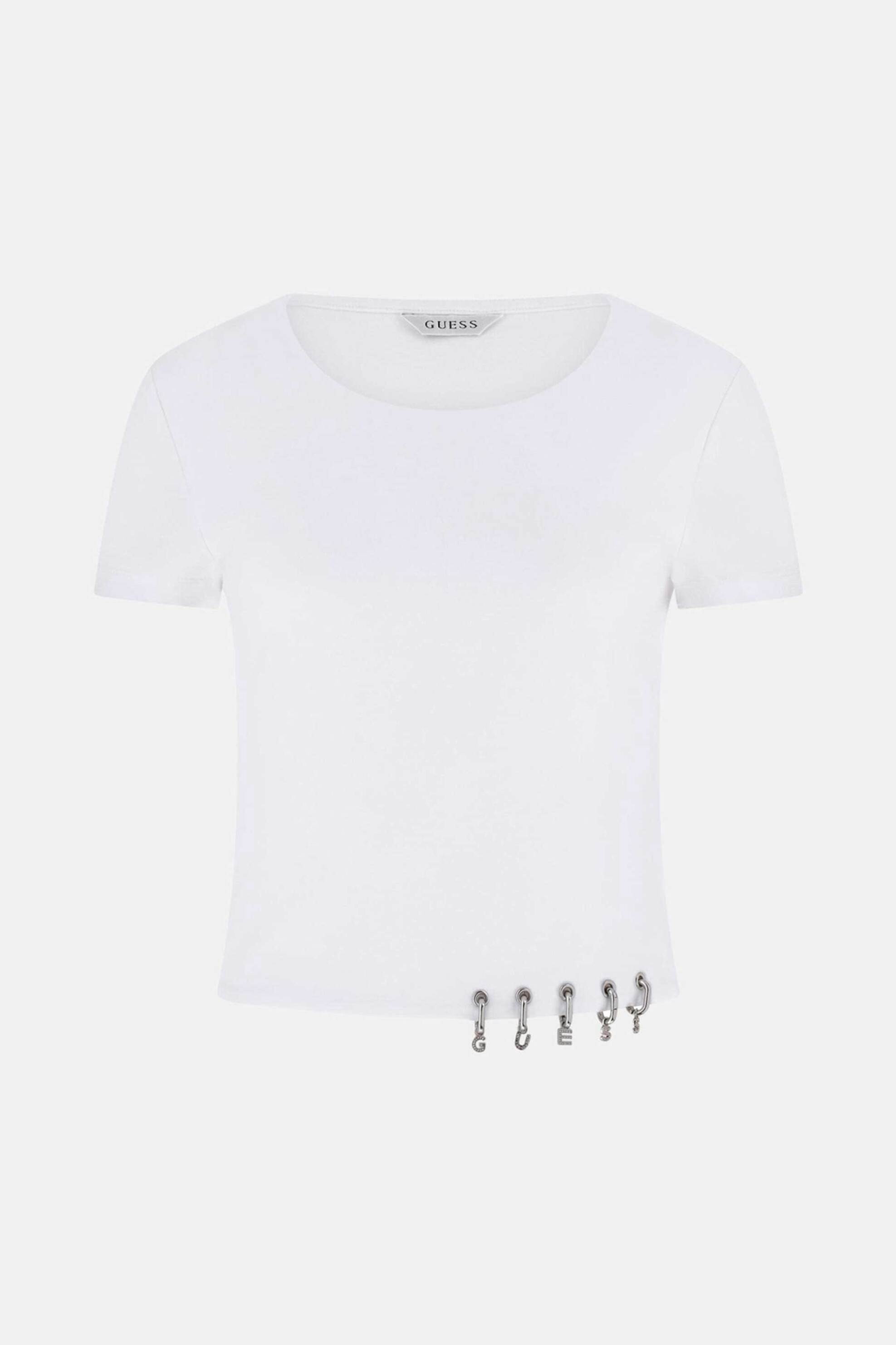 Guess Γυναικείο T-Shirt Και Λεπτομέρειες με Κόσμημα Λογότυπο Cropped Regular Fit - W6Gp11K2933 Λευκό