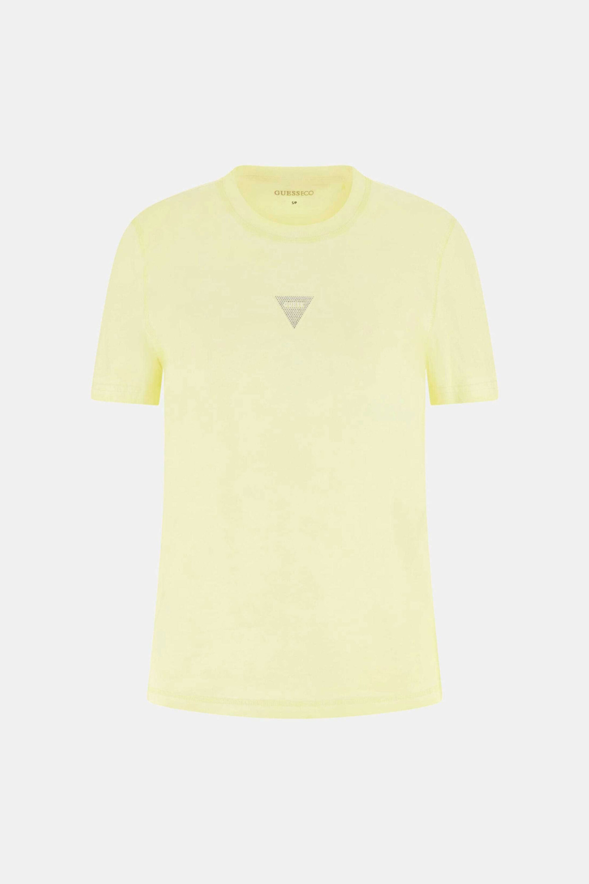 Guess Γυναικείο T-Shirt Και Τριγωνικό Λογότυπο με Στρας Regular Fit - W6Gi10K3025 Κίτρινο