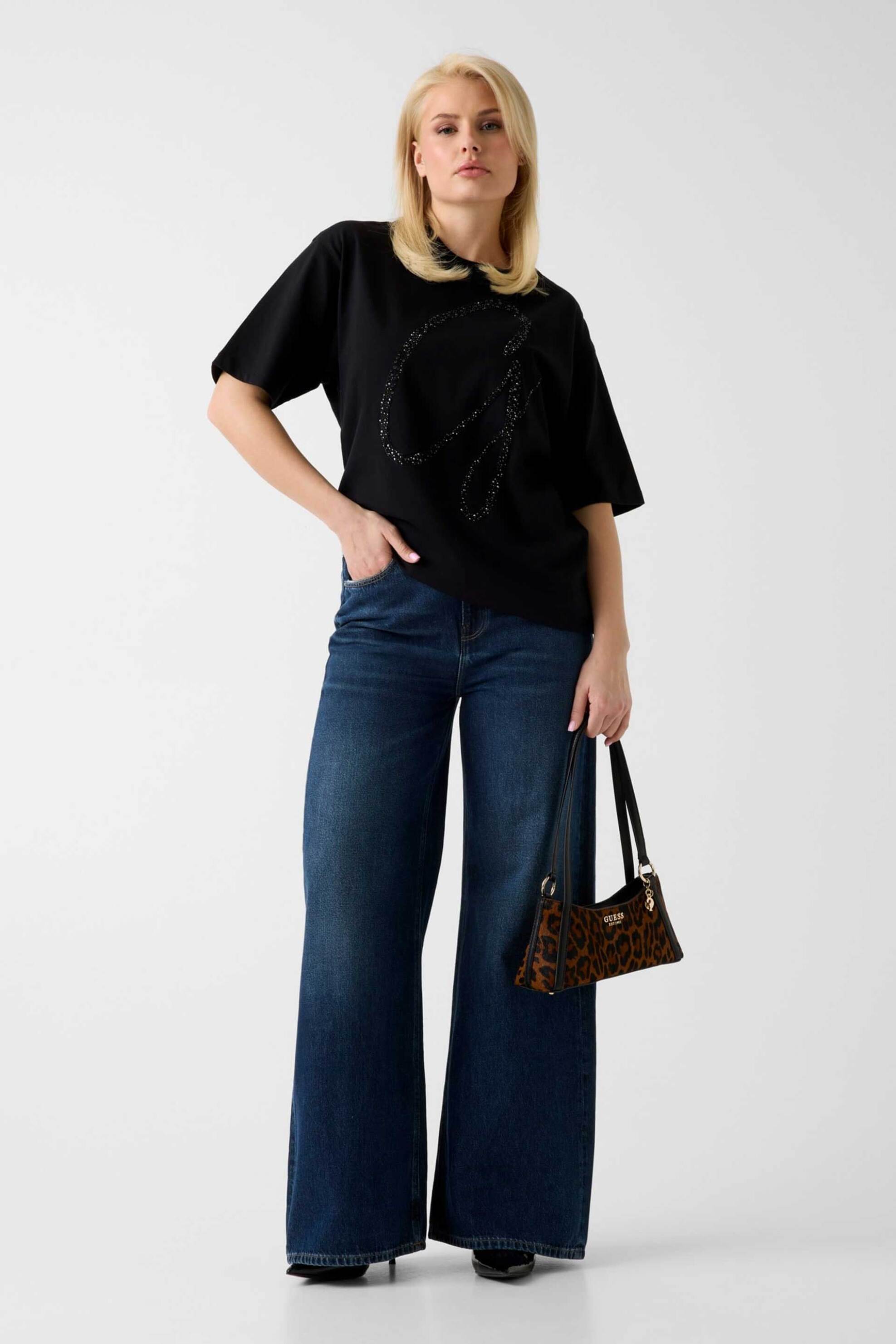 Guess γυναικείο T-shirt και ανάγλυφο λογότυπο με στρας Oversized Fit - W6GI39K3478 Μαύρο