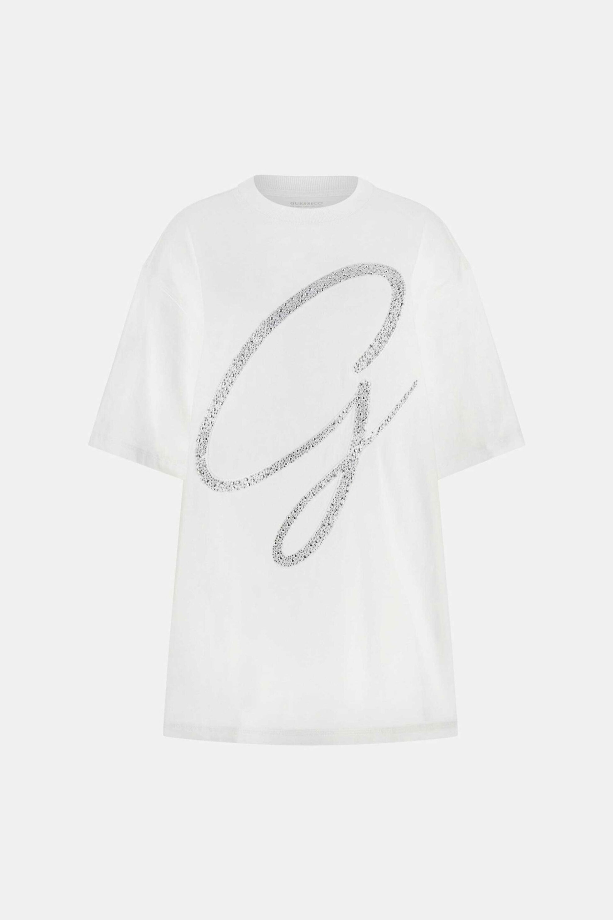 Guess Γυναικείο T-Shirt Και Ανάγλυφο Λογότυπο με Στρας Oversized Fit - W6Gi39K3478 Λευκό
